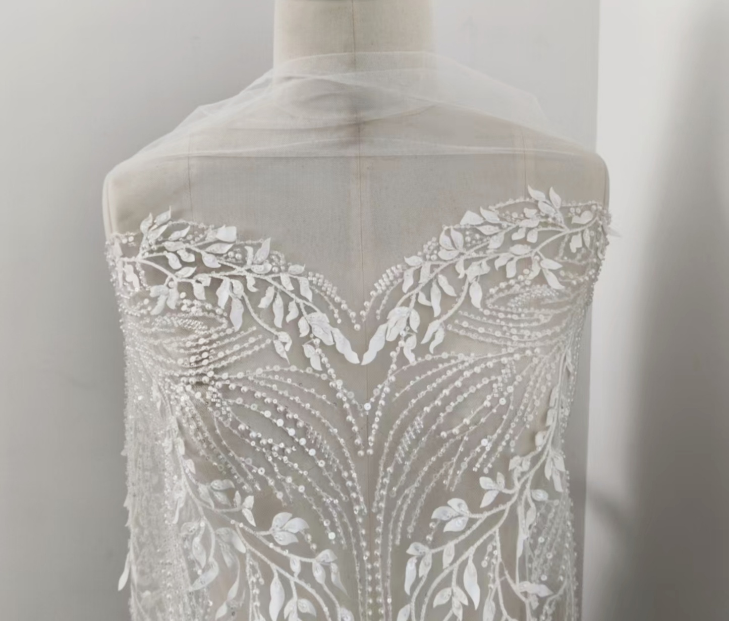 Luxury 3D Leaves Embroidered Tulle Fabric with Sequins and Pearls for Wedding Dress, Bridal Party Gown, White Lace by the Yard