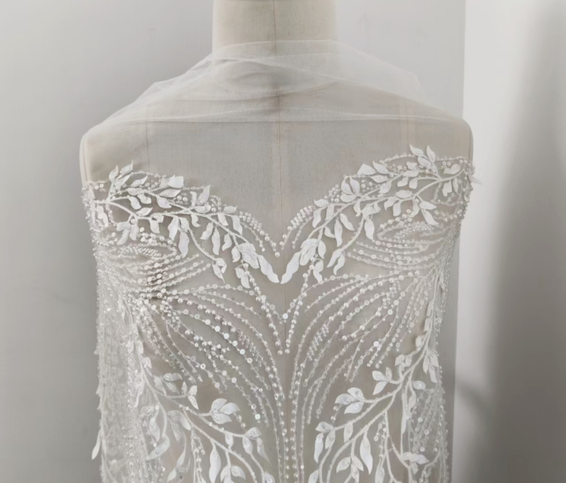 Luxury 3D Leaves Embroidered Tulle Fabric with Sequins and Pearls for Wedding Dress, Bridal Party Gown, White Lace by the Yard