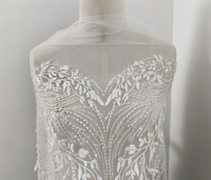 Luxury 3D Leaves Embroidered Tulle Fabric with Sequins and Pearls for Wedding Dress, Bridal Party Gown, White Lace by the Yard