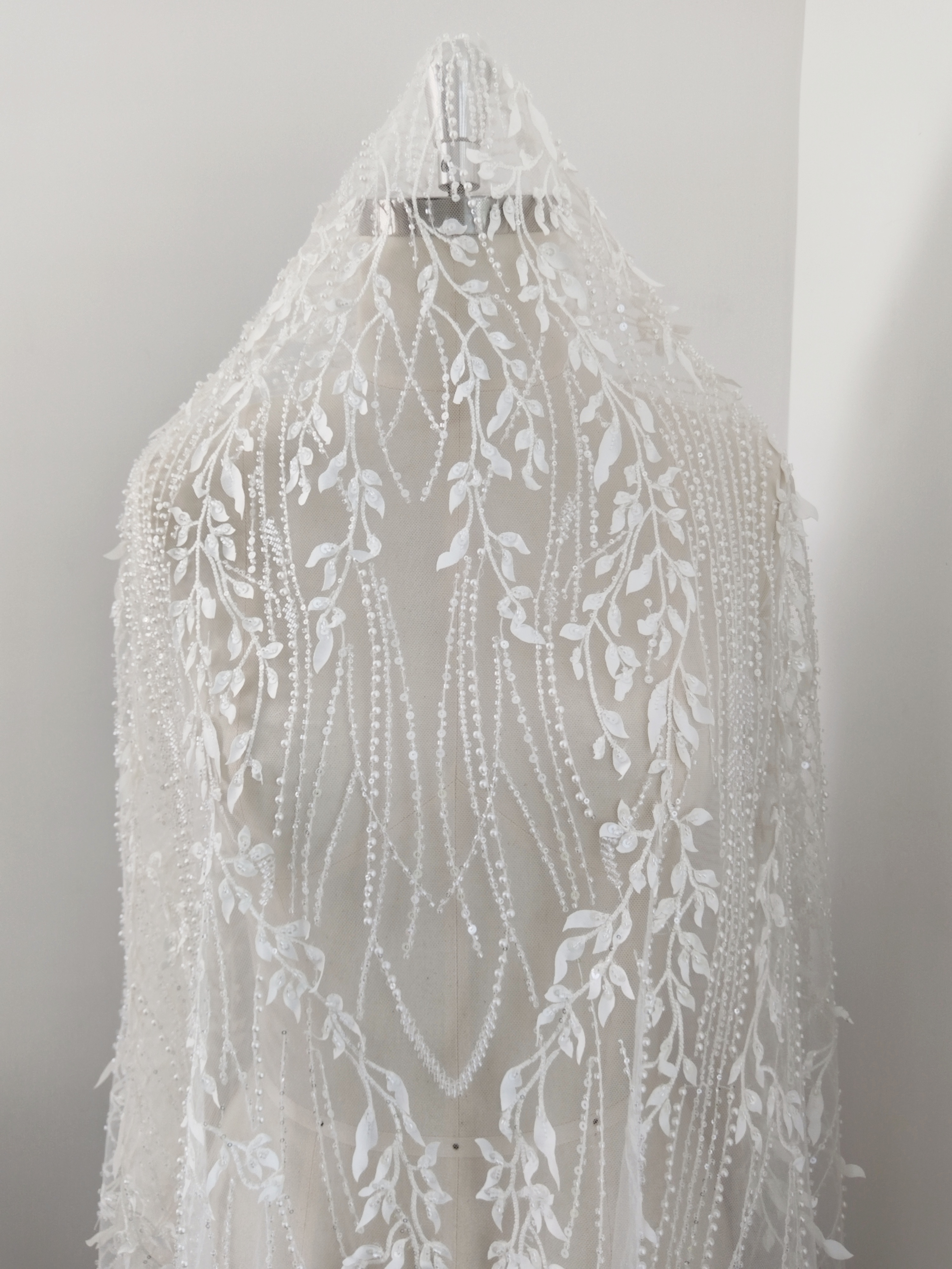 Luxury 3D Leaves Embroidered Tulle Fabric with Sequins and Pearls for Wedding Dress, Bridal Party Gown, White Lace by the Yard