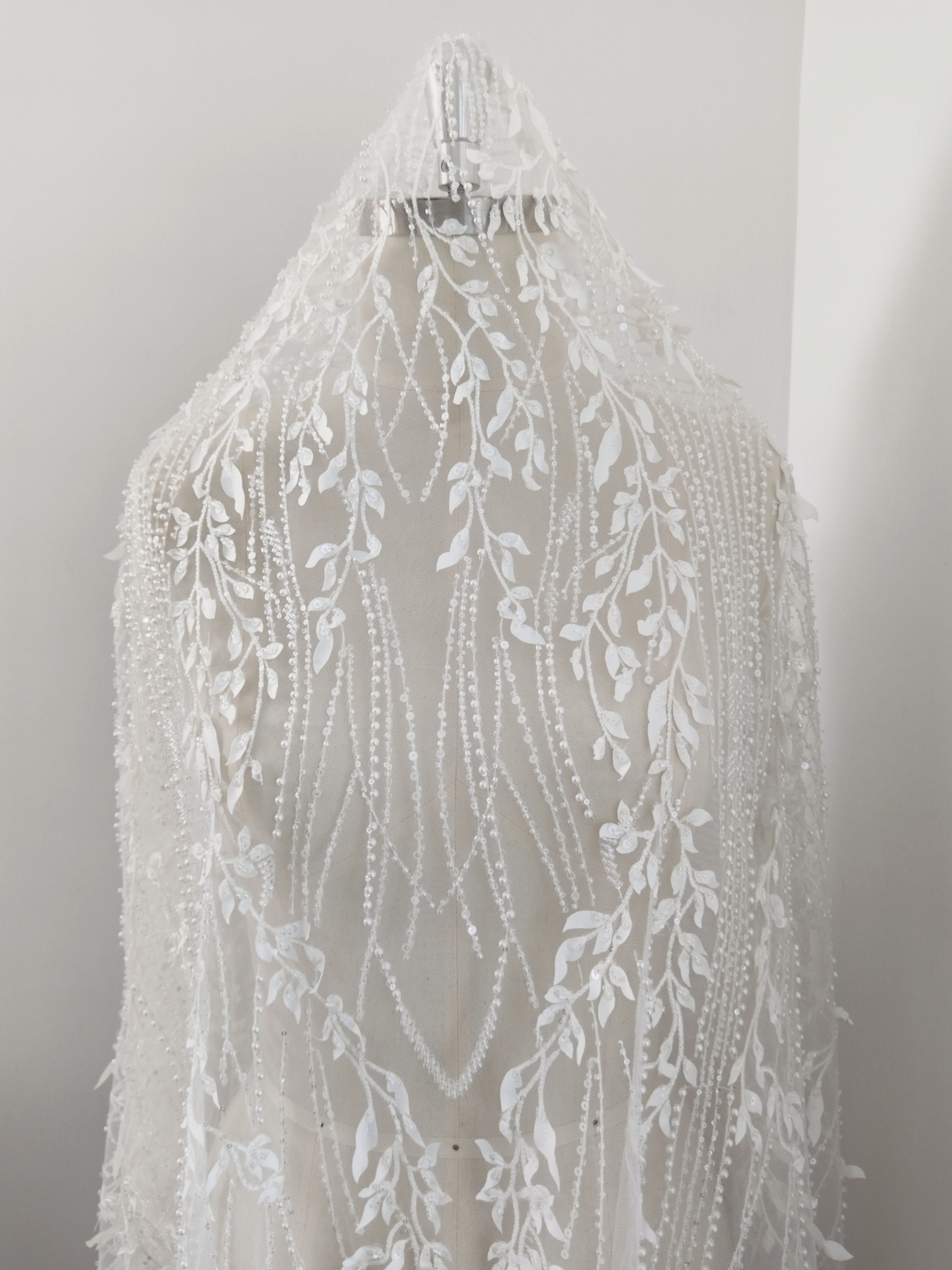Luxury 3D Leaves Embroidered Tulle Fabric with Sequins and Pearls for Wedding Dress, Bridal Party Gown, White Lace by the Yard