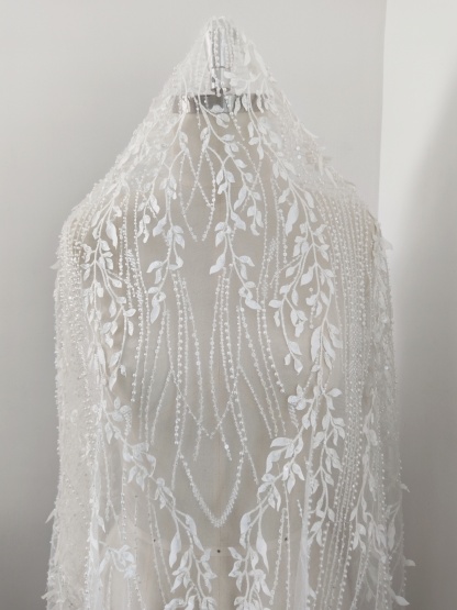 Luxury 3D Leaves Embroidered Tulle Fabric with Sequins and Pearls for Wedding Dress, Bridal Party Gown, White Lace by the Yard