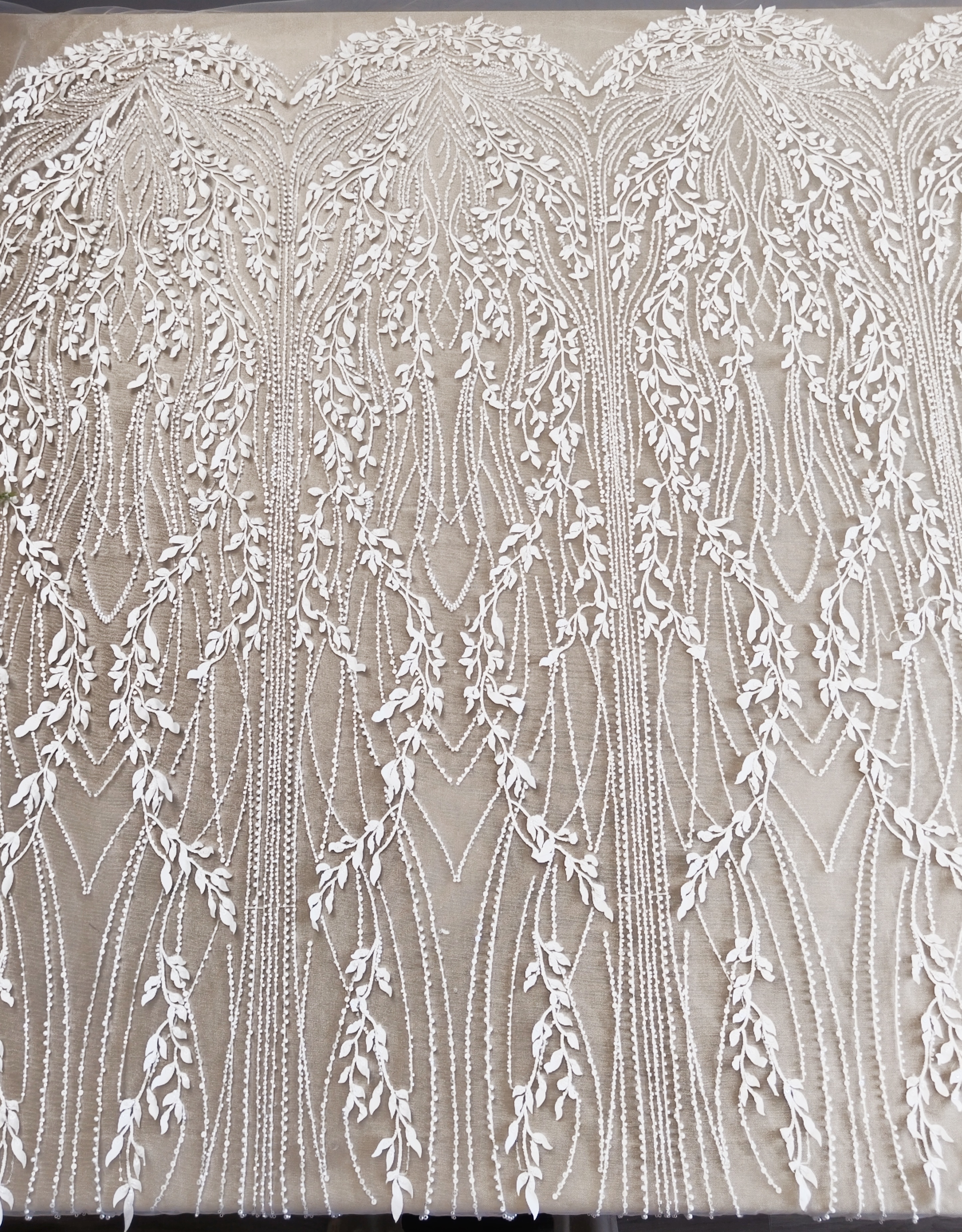 Luxury 3D Leaves Embroidered Tulle Fabric with Sequins and Pearls for Wedding Dress, Bridal Party Gown, White Lace by the Yard