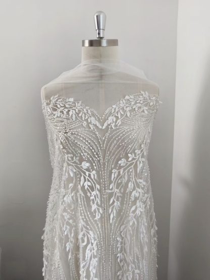 Luxury 3D Leaves Embroidered Tulle Fabric with Sequins and Pearls for Wedding Dress, Bridal Party Gown, White Lace by the Yard