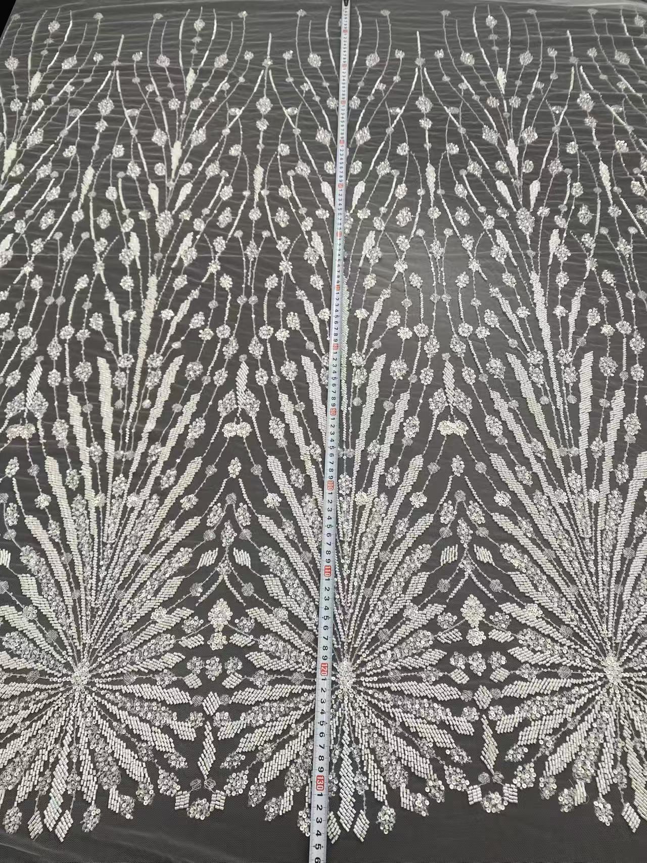 Off-White Heavy Bead Pearls Lace Fabric, Embroidered Tulle Bridal Dress Material, Party Dress Tulle, Luxury Couture Lace Fabric