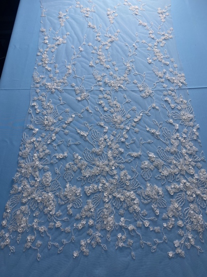 Exquisite Ivory Fabric! Embellished with Pearls, Sparkling Sequins & Delicate Embroidery. Ideal for Wedding Dresses/Chic Evening Wear—Premium Craftsmanship, Shop Now!