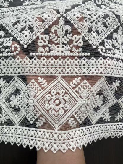 White Guipure Mesh Lace Fabric, Bridal Guipure Lace Fabric, Crochet Wedding Lace, Bridal Wedding Dress Stripe line Embroidery flower lace by the yard