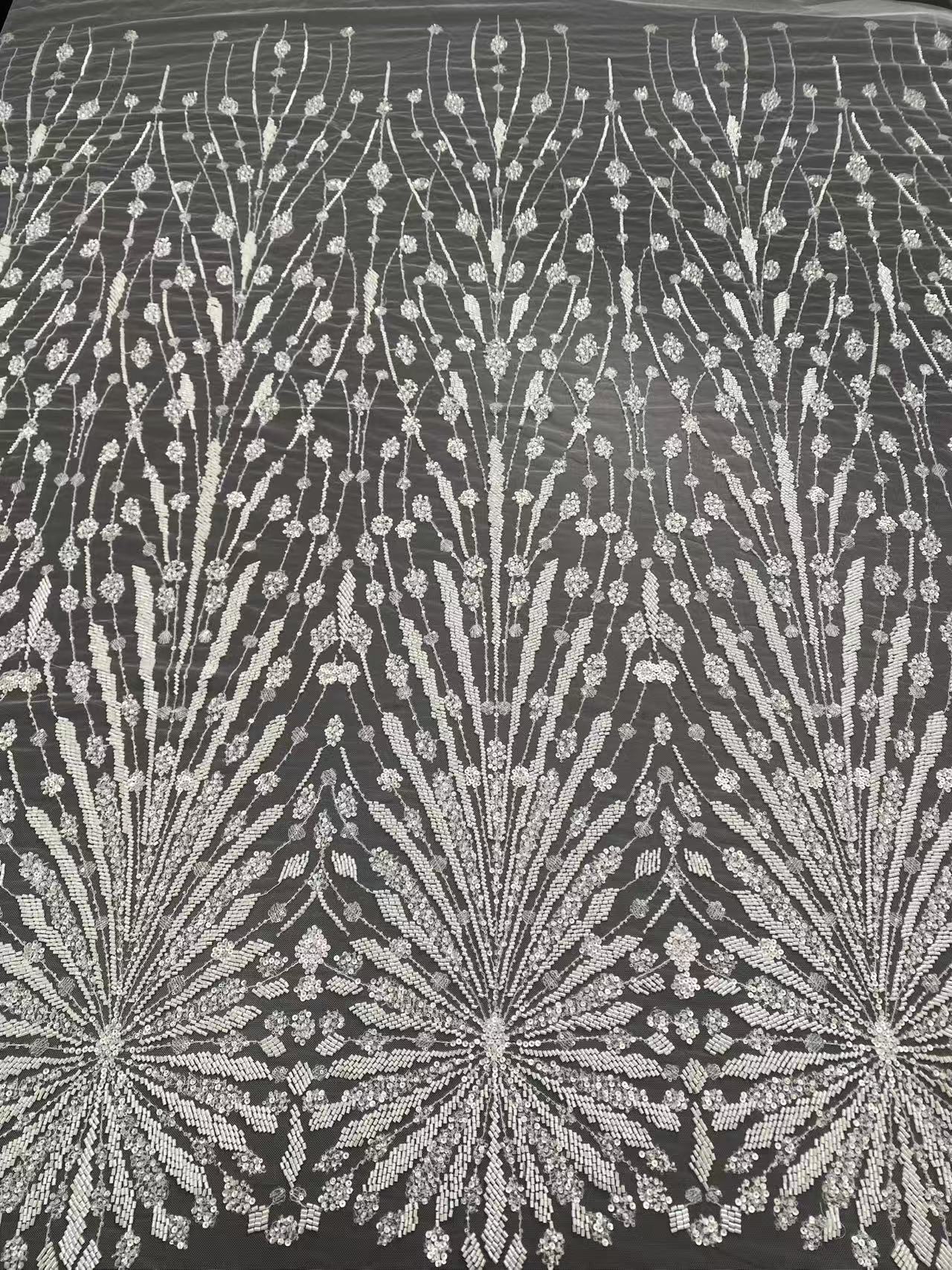 Off-White Heavy Bead Pearls Lace Fabric, Embroidered Tulle Bridal Dress Material, Party Dress Tulle, Luxury Couture Lace Fabric