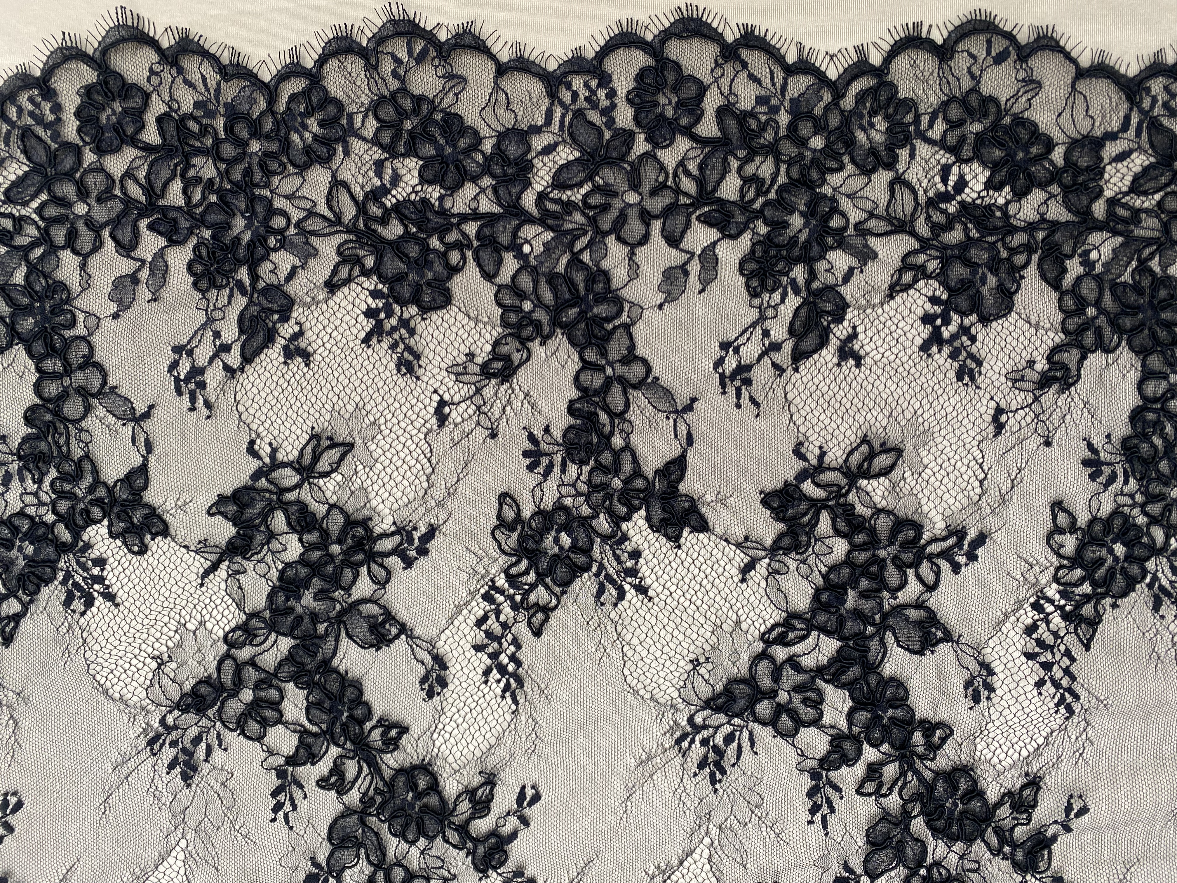 Black Chantilly lace fabric with cord, French bridal wedding lace, eyelash veil lace, scalloped floral lace, sold by 3 maters