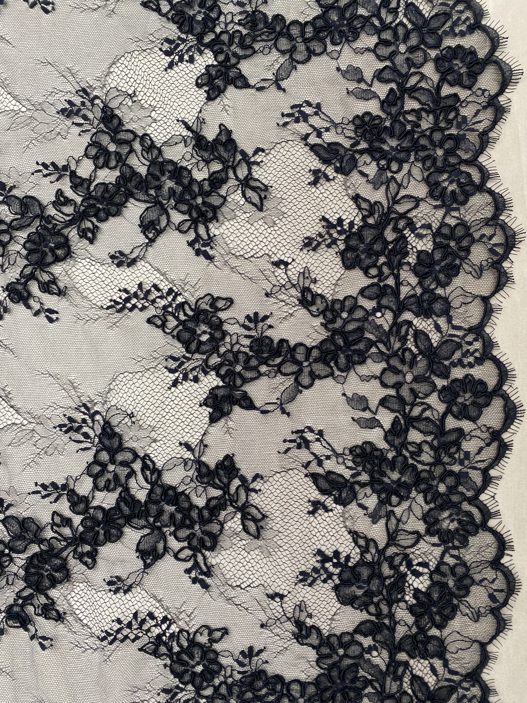 Black Chantilly lace fabric with cord, French bridal wedding lace, eyelash veil lace, scalloped floral lace, sold by 3 maters