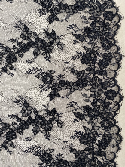 Black Chantilly lace fabric with cord, French bridal wedding lace, eyelash veil lace, scalloped floral lace, sold by 3 maters
