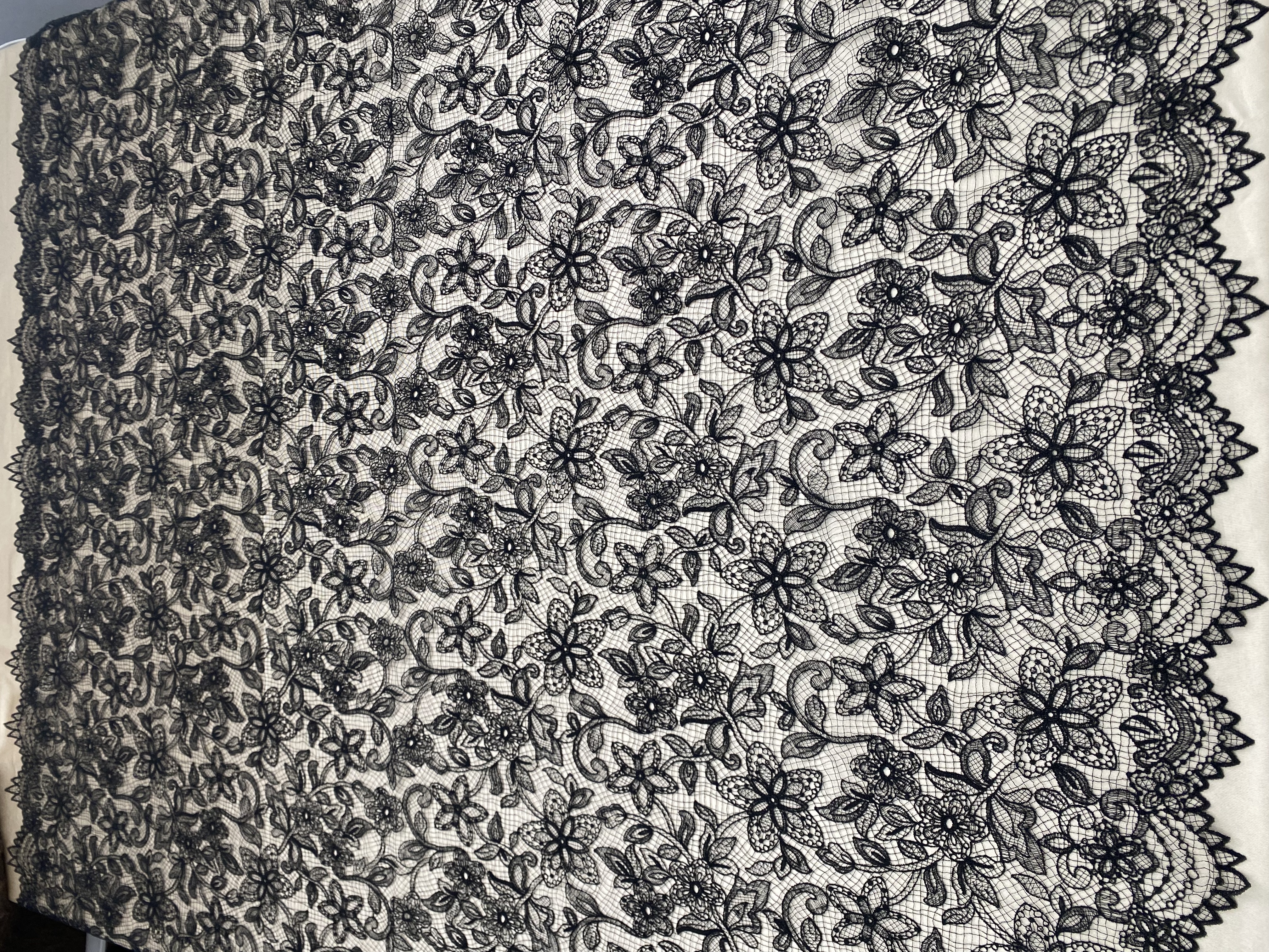 Black Chantilly lace fabric with cord, French bridal wedding lace, eyelash veil lace, scalloped floral lace, sold by 3 maters