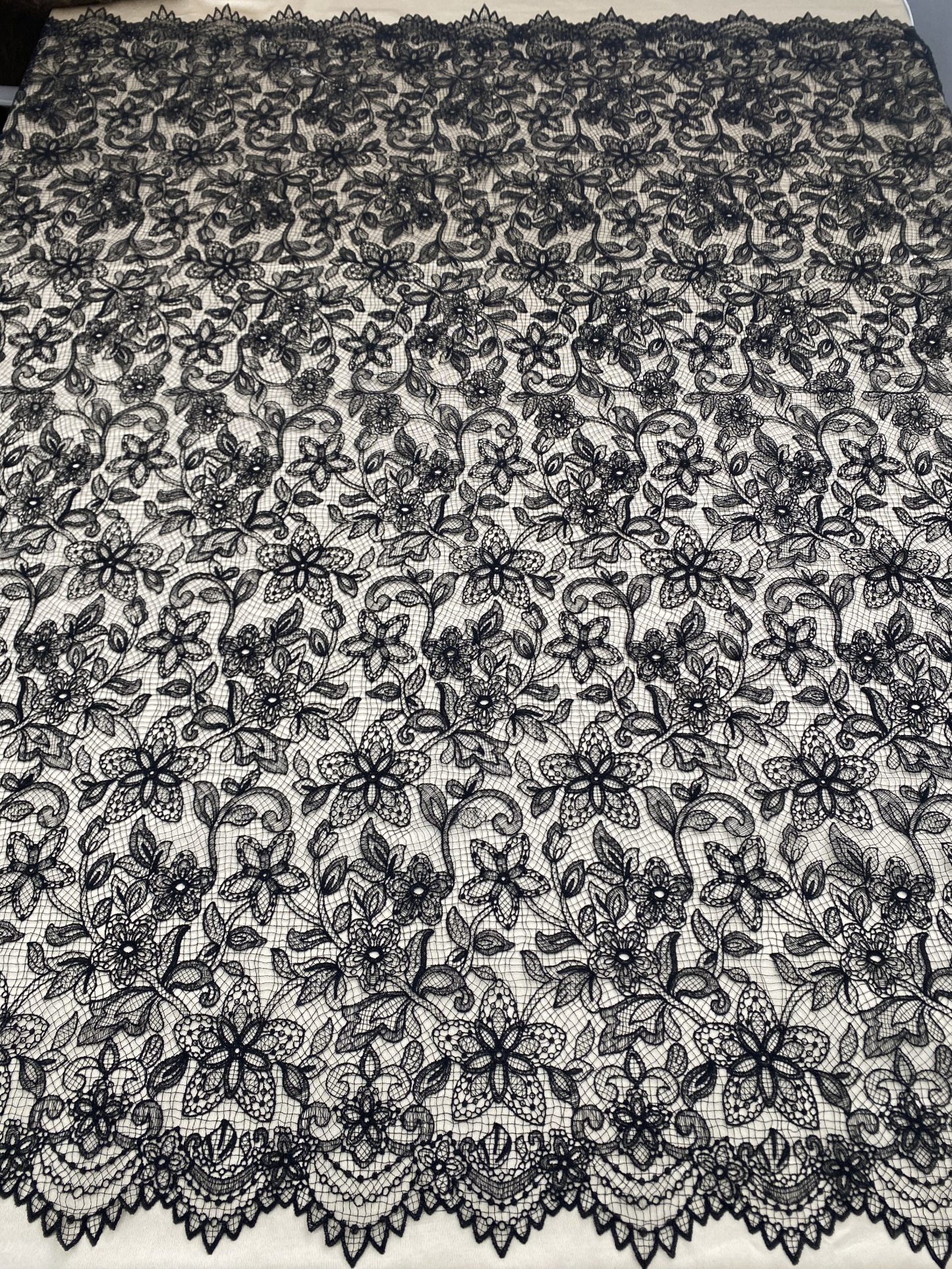 Black Chantilly lace fabric with cord, French bridal wedding lace, eyelash veil lace, scalloped floral lace, sold by 3 maters