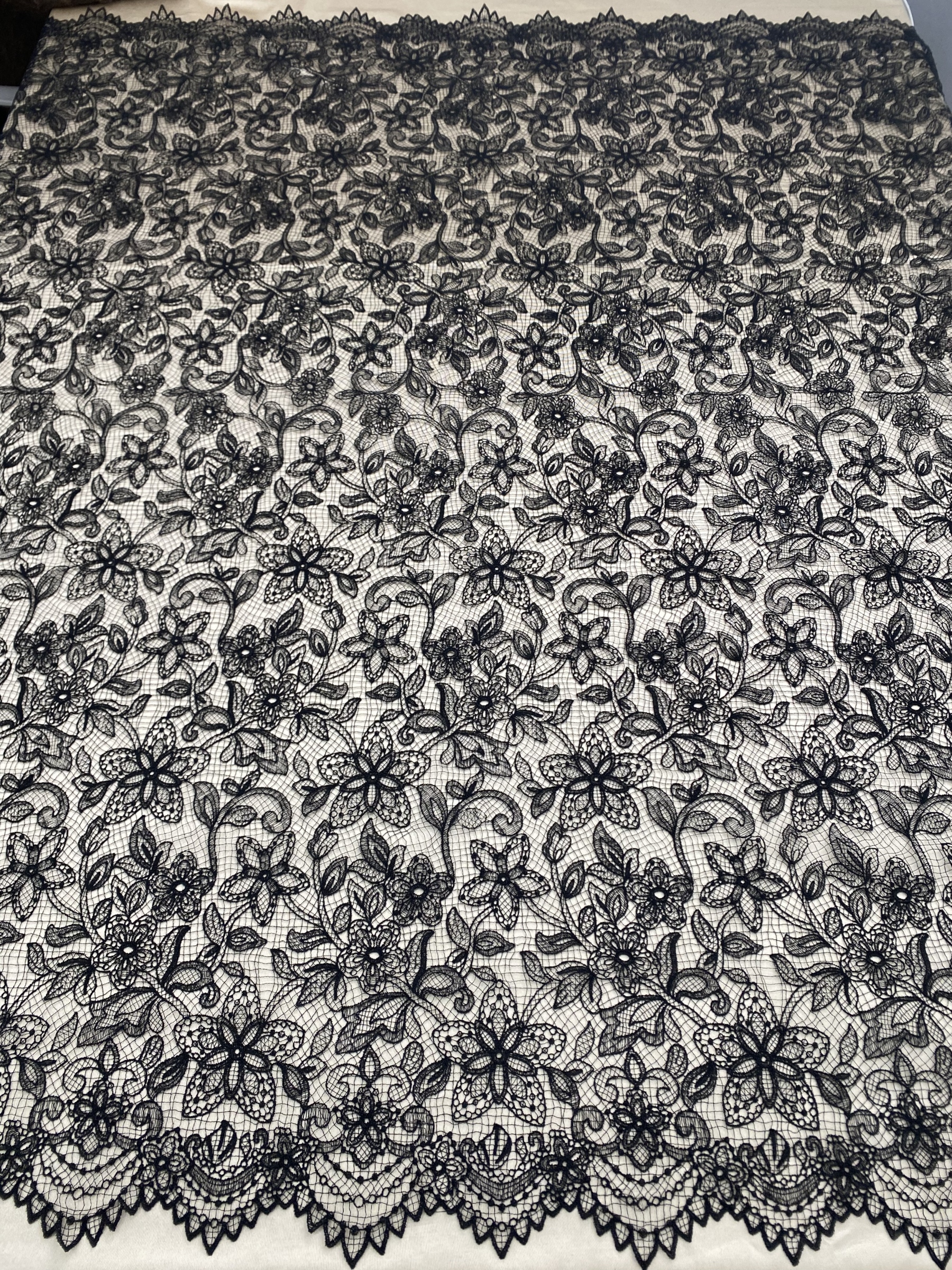 Black Chantilly lace fabric with cord, French bridal wedding lace, eyelash veil lace, scalloped floral lace, sold by 3 maters