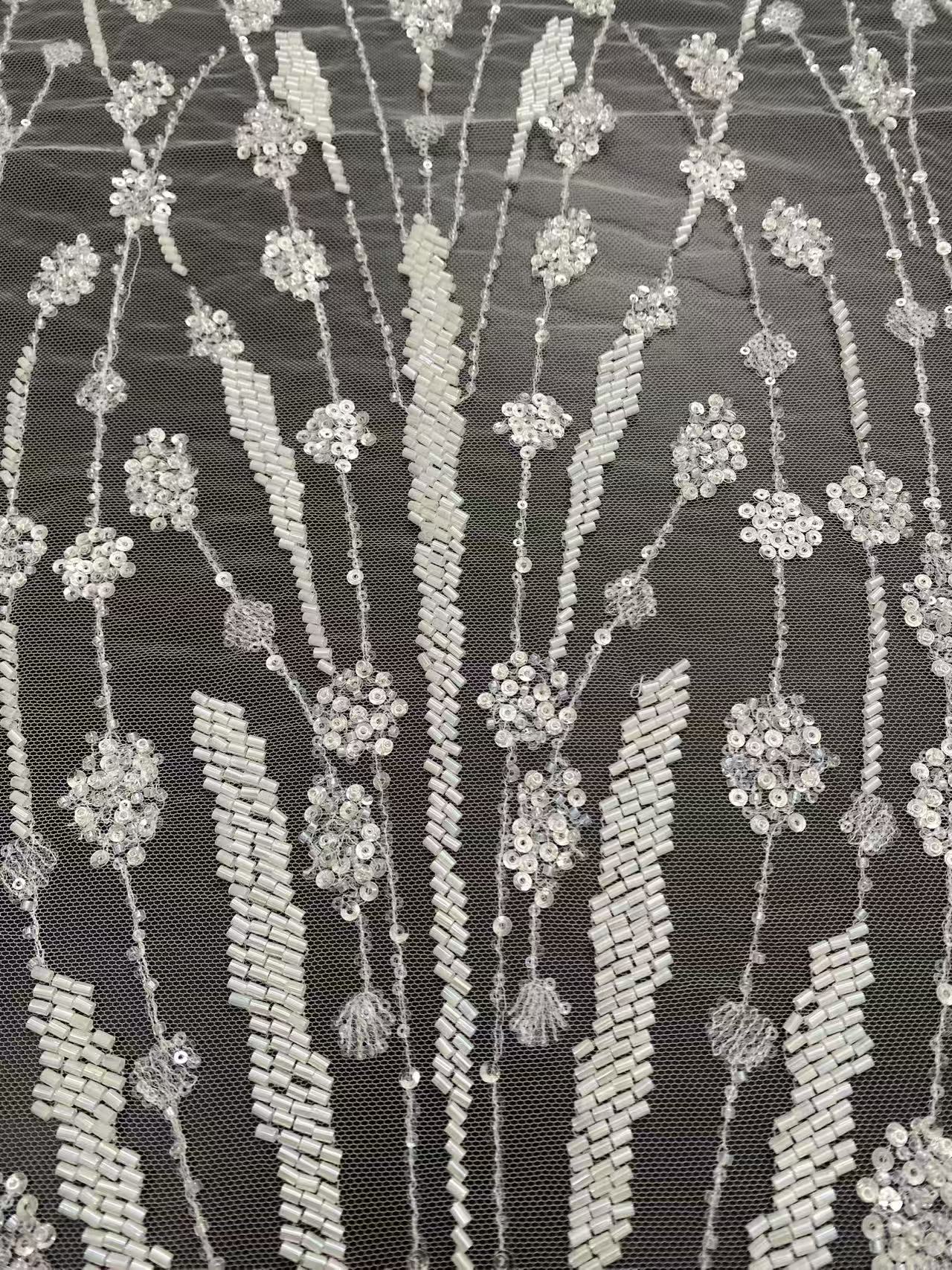 Off-White Heavy Bead Pearls Lace Fabric, Embroidered Tulle Bridal Dress Material, Party Dress Tulle, Luxury Couture Lace Fabric