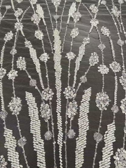 Off-White Heavy Bead Pearls Lace Fabric, Embroidered Tulle Bridal Dress Material, Party Dress Tulle, Luxury Couture Lace Fabric