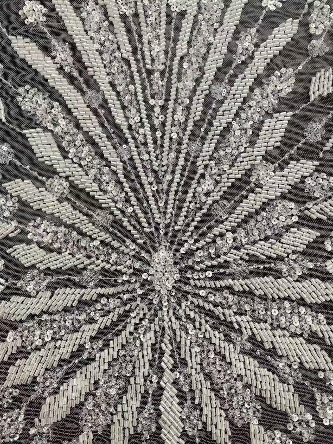 Off-White Heavy Bead Pearls Lace Fabric, Embroidered Tulle Bridal Dress Material, Party Dress Tulle, Luxury Couture Lace Fabric