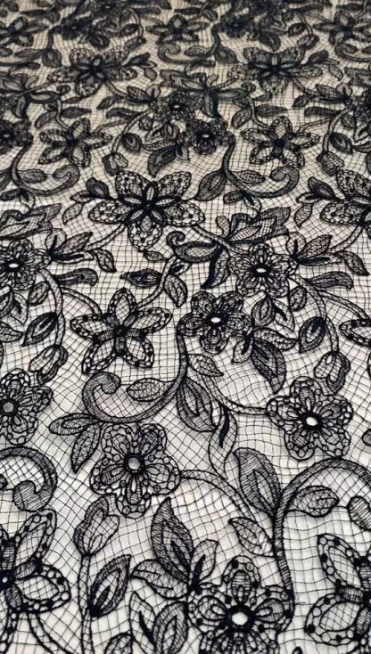 Black Chantilly lace fabric with cord, French bridal wedding lace, eyelash veil lace, scalloped floral lace, sold by 3 maters