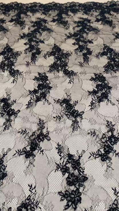 Black Chantilly lace fabric with cord, French bridal wedding lace, eyelash veil lace, scalloped floral lace, sold by 3 maters