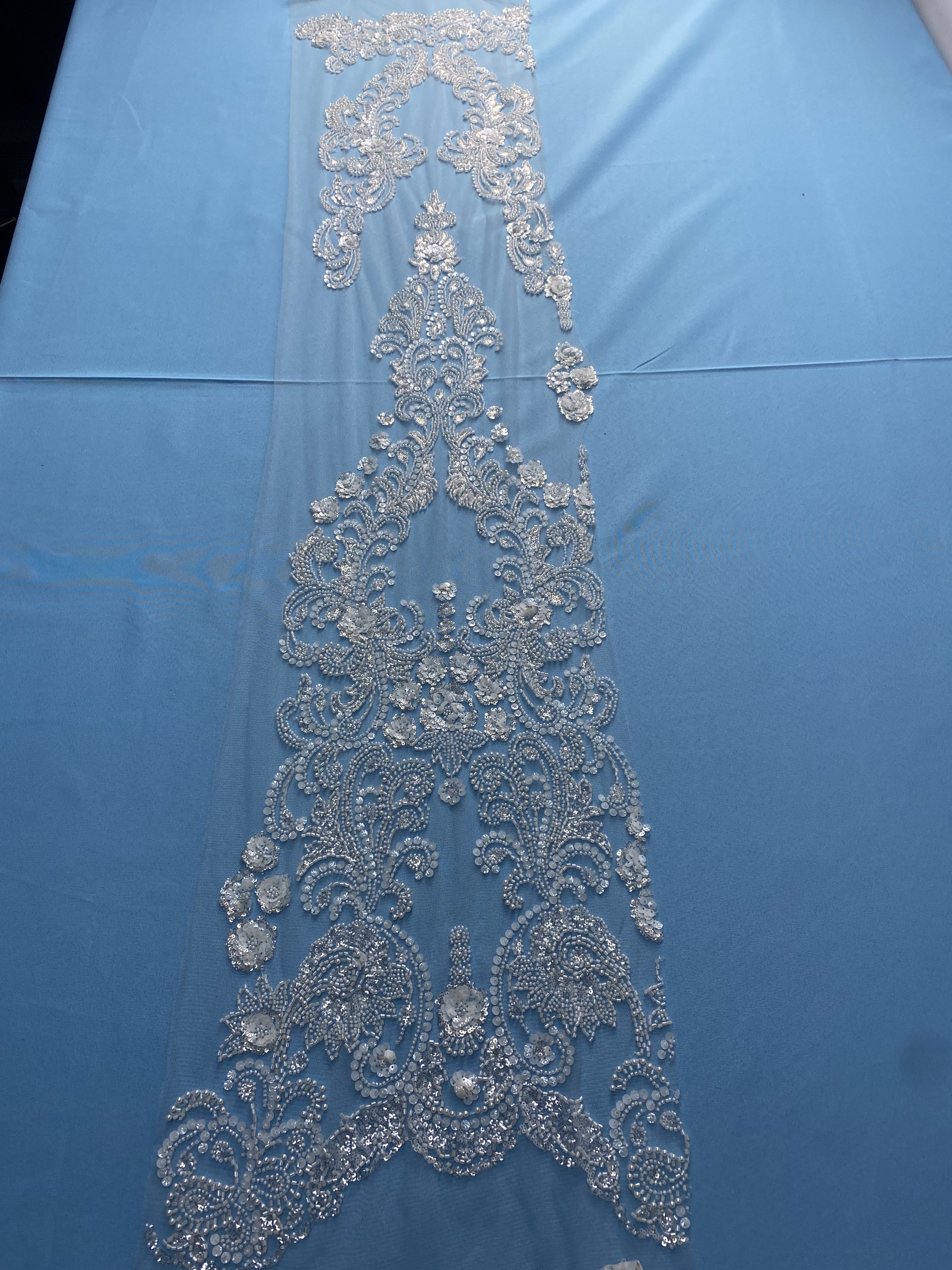 Gorgeous Ivory Fabric! Delicately Embellished with Sparkling Sequins & Pearls. Ideal for Wedding Dresses/Evening Wear. Exquisite Handiwork—Grab This Stunning Material Now!