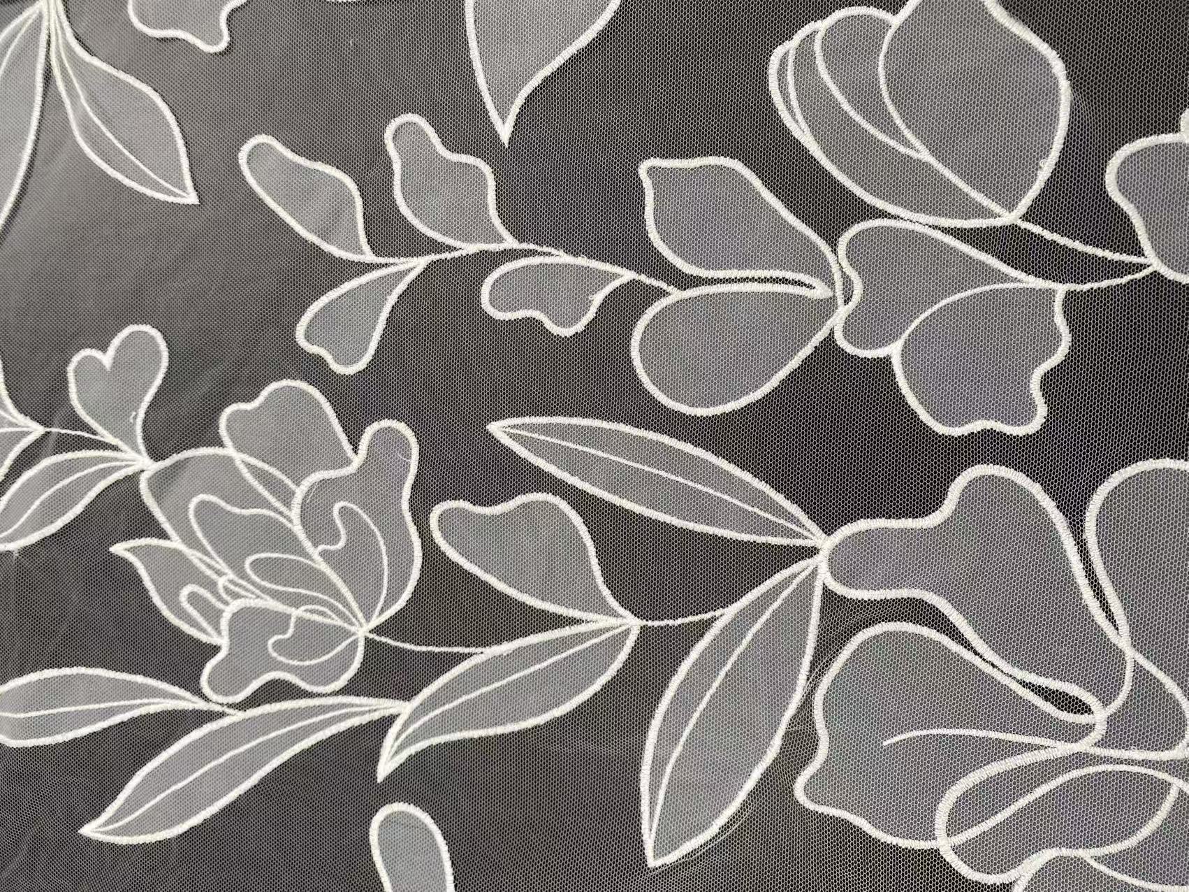 Flower Lace Fabric: Elegant Off-White Tulle Embroidery Bridal Lace, sold by the yard