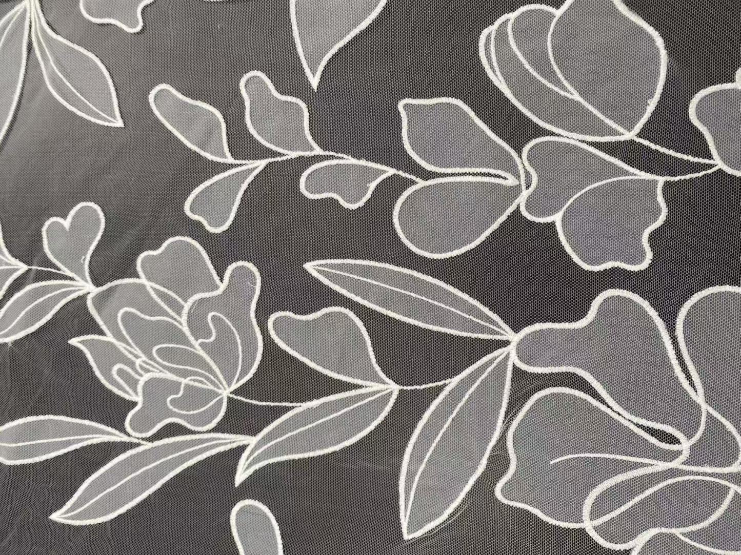 Flower Lace Fabric: Elegant Off-White Tulle Embroidery Bridal Lace, sold by the yard