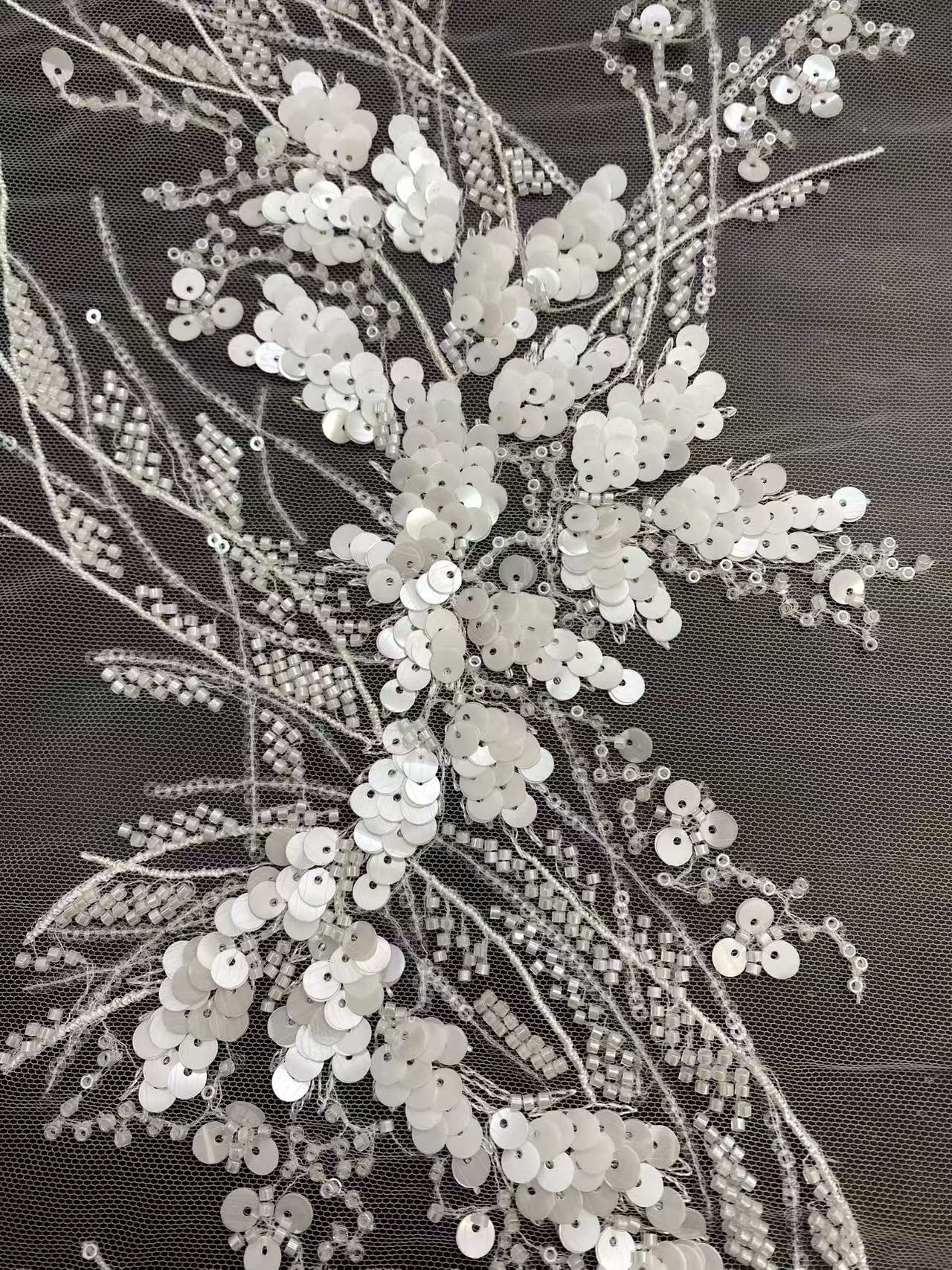 Ivory Heavy Sequin Beads Lace Fabric, Bridal Tulle Lace for Wedding Evening Dress, Gown,Counture Fabric by the yard