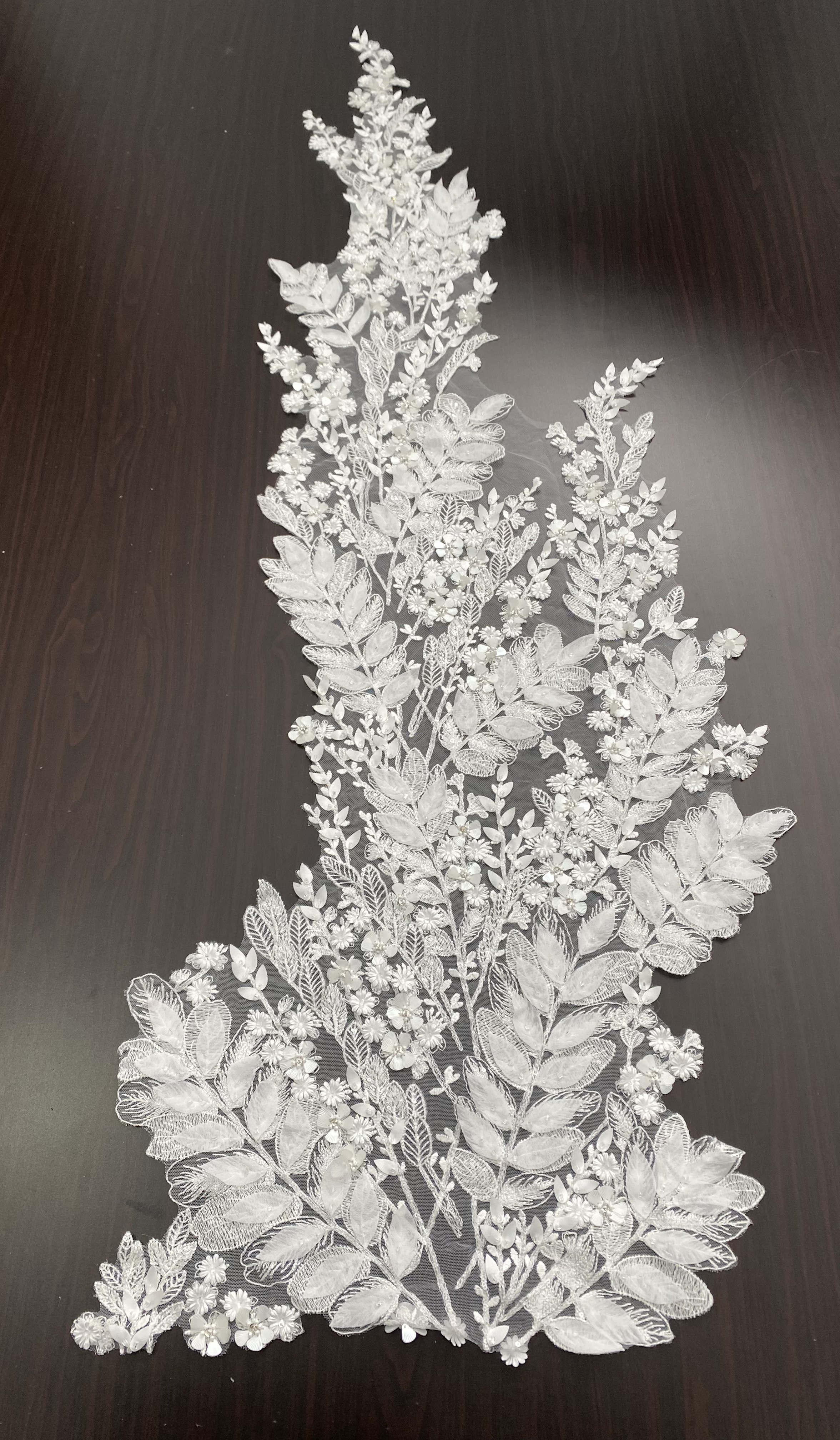 [Copy]Beaded Lace Trim with Sequins, White Sequined Petal 3D Lace Applique Pair with Handmade Beads for Costume, Bridal Gown, Prom Dress