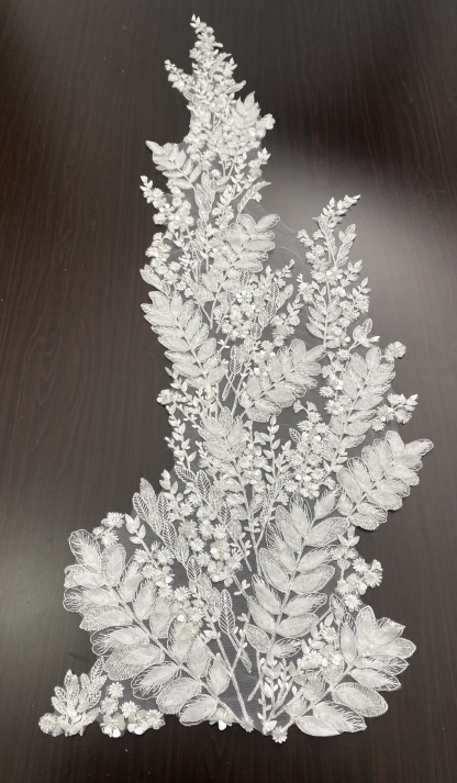 [Copy]Beaded Lace Trim with Sequins, White Sequined Petal 3D Lace Applique Pair with Handmade Beads for Costume, Bridal Gown, Prom Dress