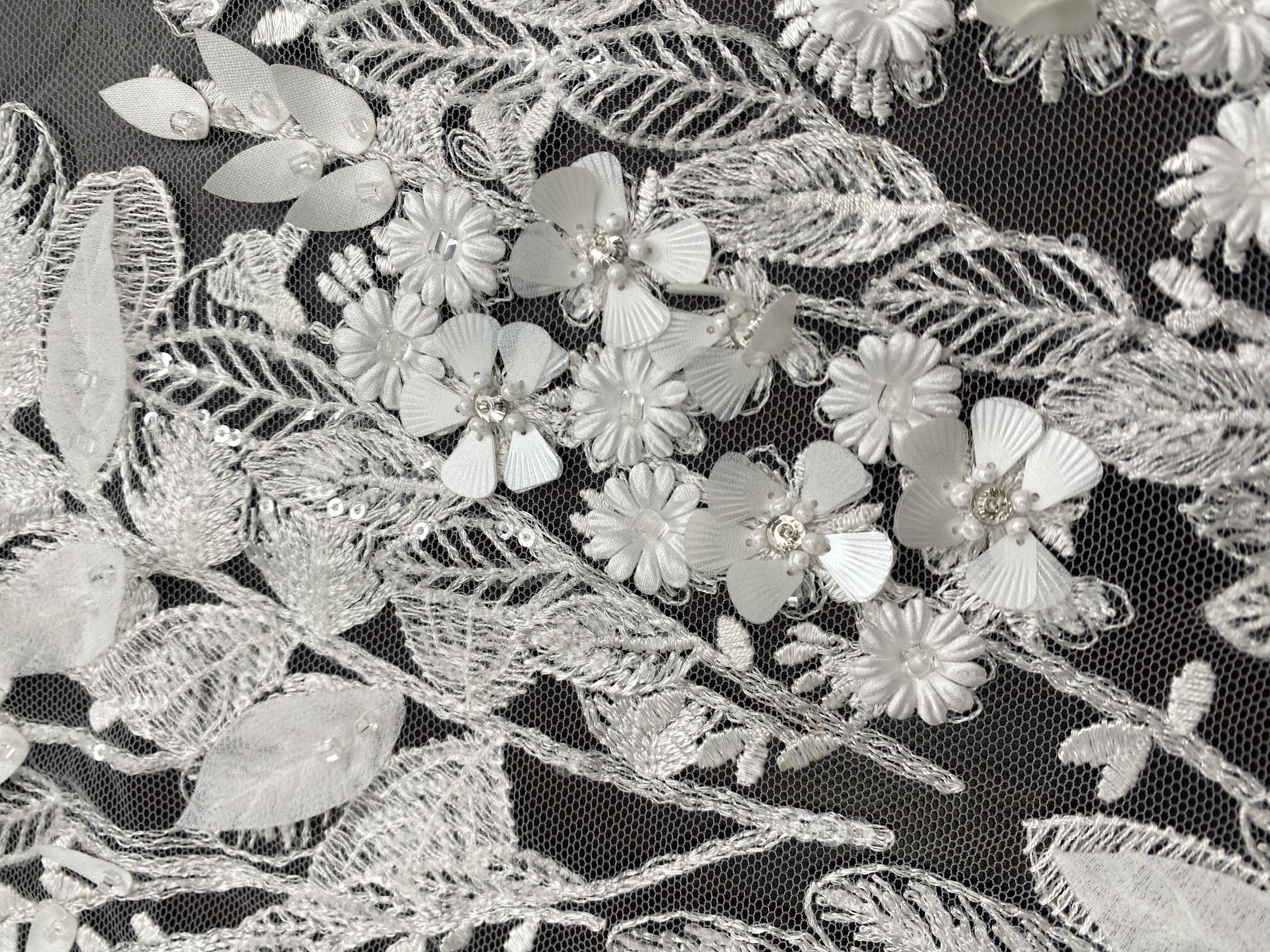 [Copy]Beaded Lace Trim with Sequins, White Sequined Petal 3D Lace Applique Pair with Handmade Beads for Costume, Bridal Gown, Prom Dress