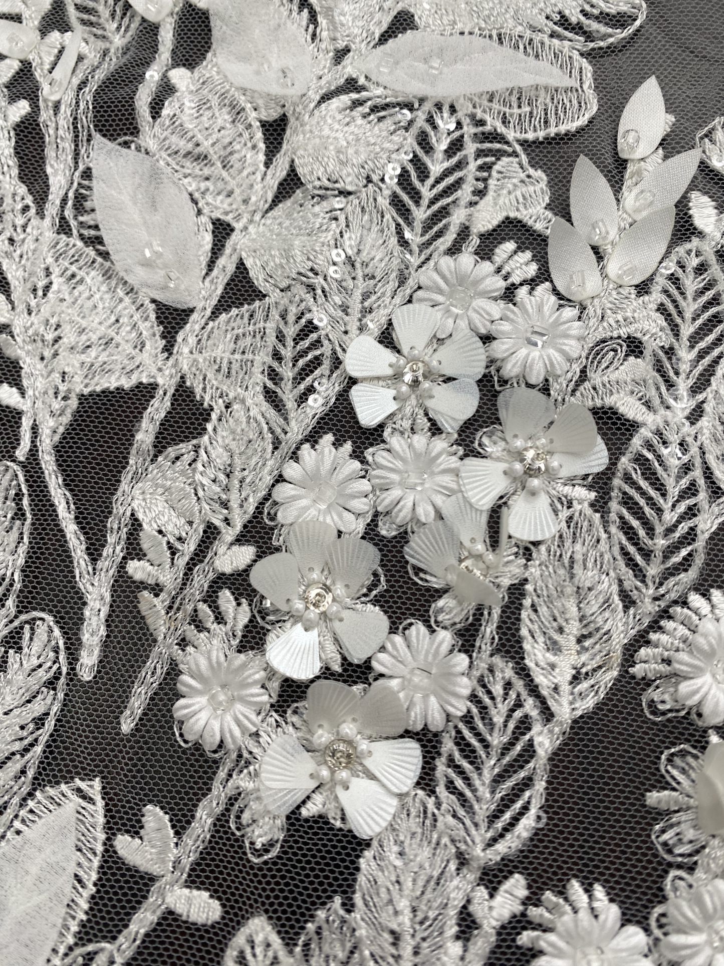 [Copy]Beaded Lace Trim with Sequins, White Sequined Petal 3D Lace Applique Pair with Handmade Beads for Costume, Bridal Gown, Prom Dress