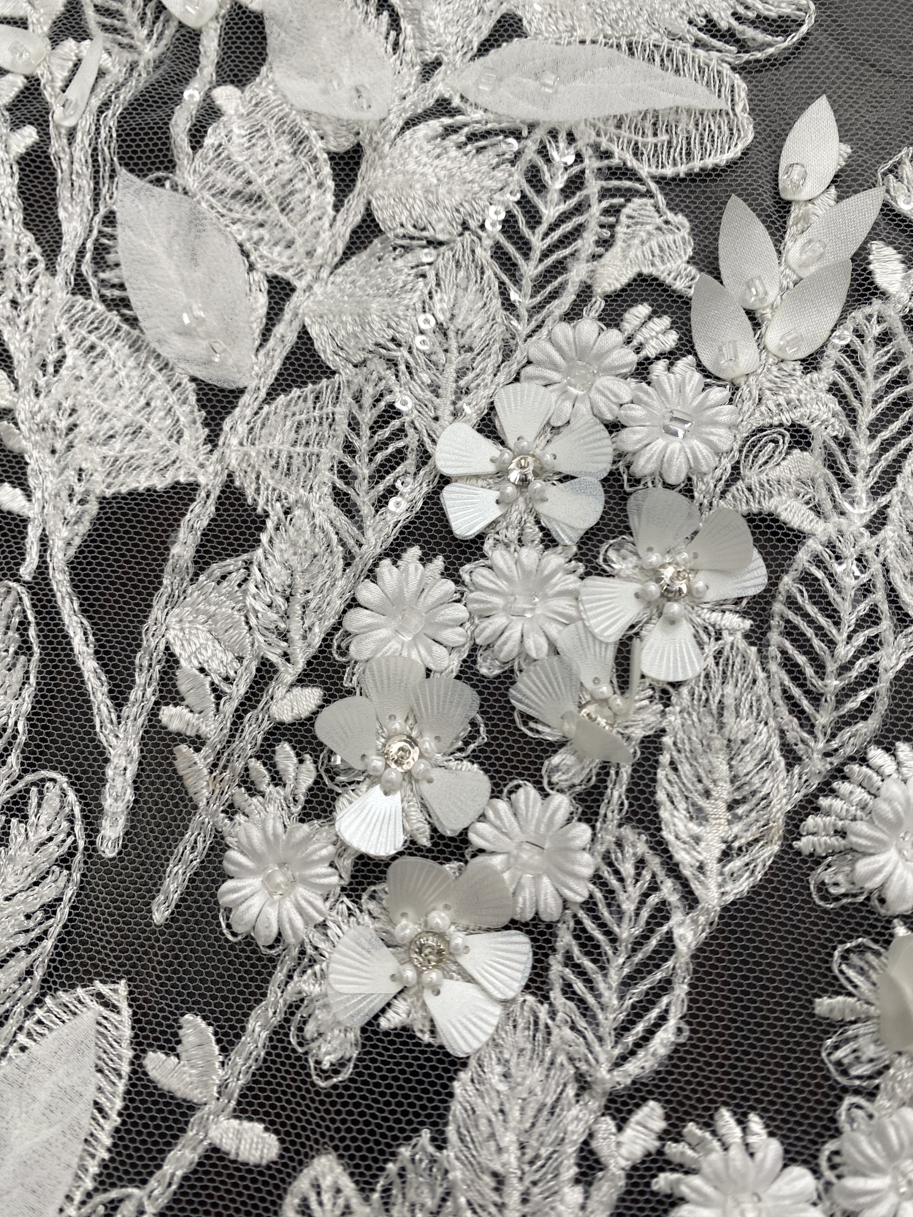 [Copy]Beaded Lace Trim with Sequins, White Sequined Petal 3D Lace Applique Pair with Handmade Beads for Costume, Bridal Gown, Prom Dress