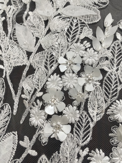 [Copy]Beaded Lace Trim with Sequins, White Sequined Petal 3D Lace Applique Pair with Handmade Beads for Costume, Bridal Gown, Prom Dress