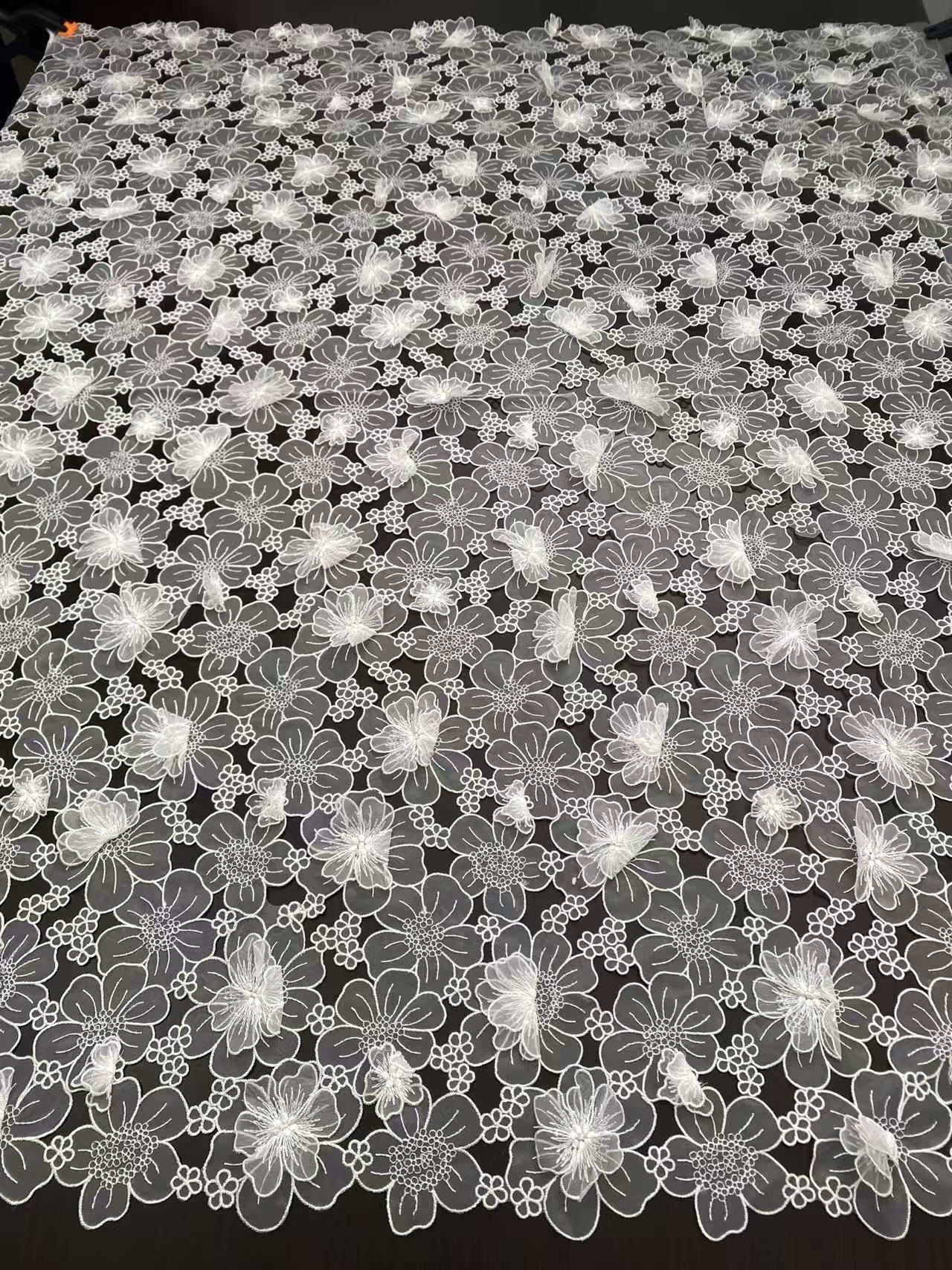 Off White Guipure Lace Fabric 3D Flower Embroidery Organza Trimmings Materials DIY Costume Bridal Wedding Evening Dress Craft