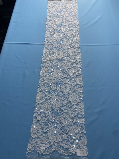 Ivory Lace Fabric Embellished with Pearls & Sparkling Sequins! Features Intricate Patterns, Ideal for Wedding Dresses/Evening Wear. Premium Quality—Shop Now!