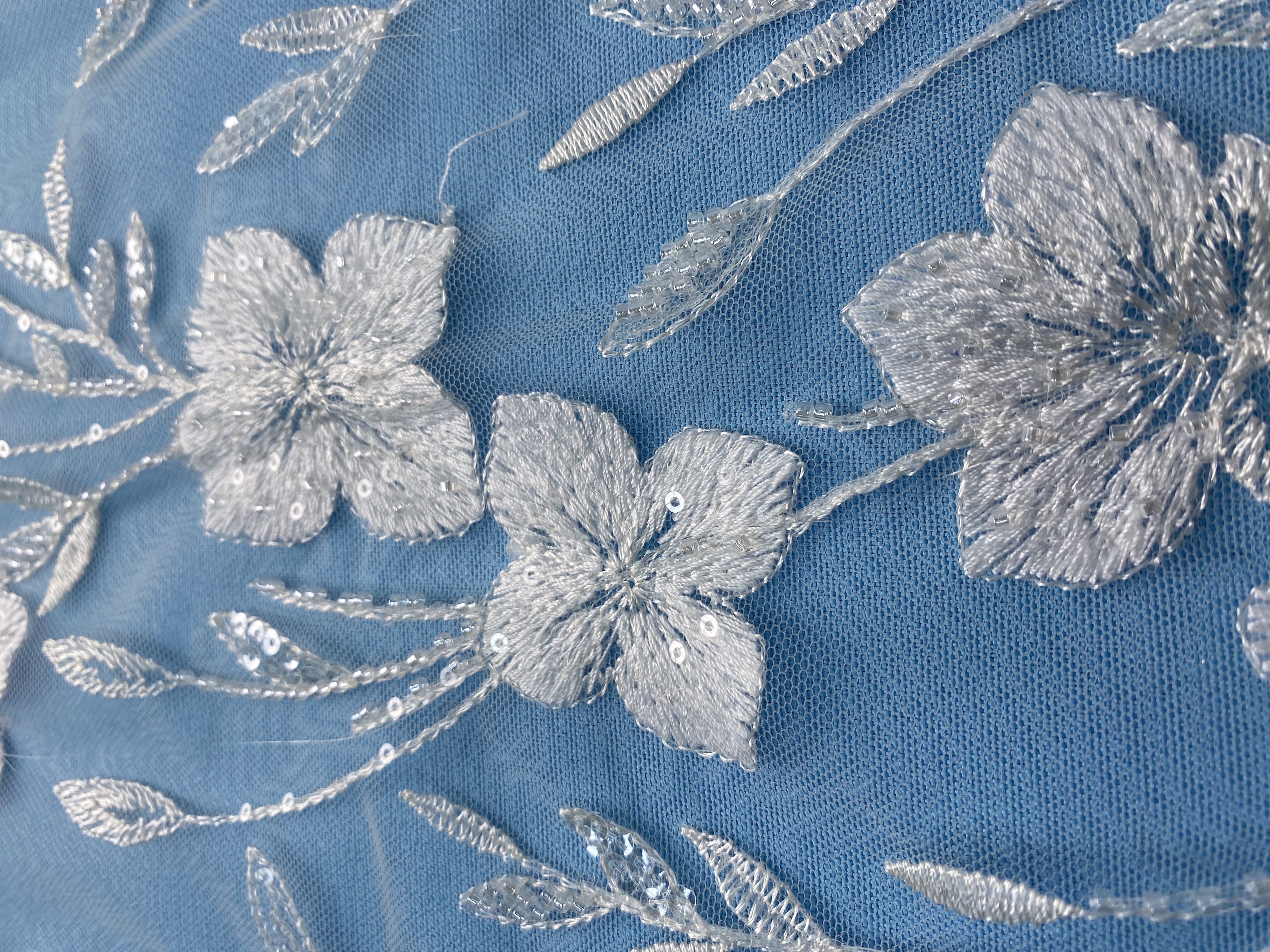 Ivory Fabric with Delicate Floral Embroidery & Sparkling Sequins! Perfect for Wedding Dresses/Evening Wear. Premium Craftsmanship—Grab This Exquisite Material Now!