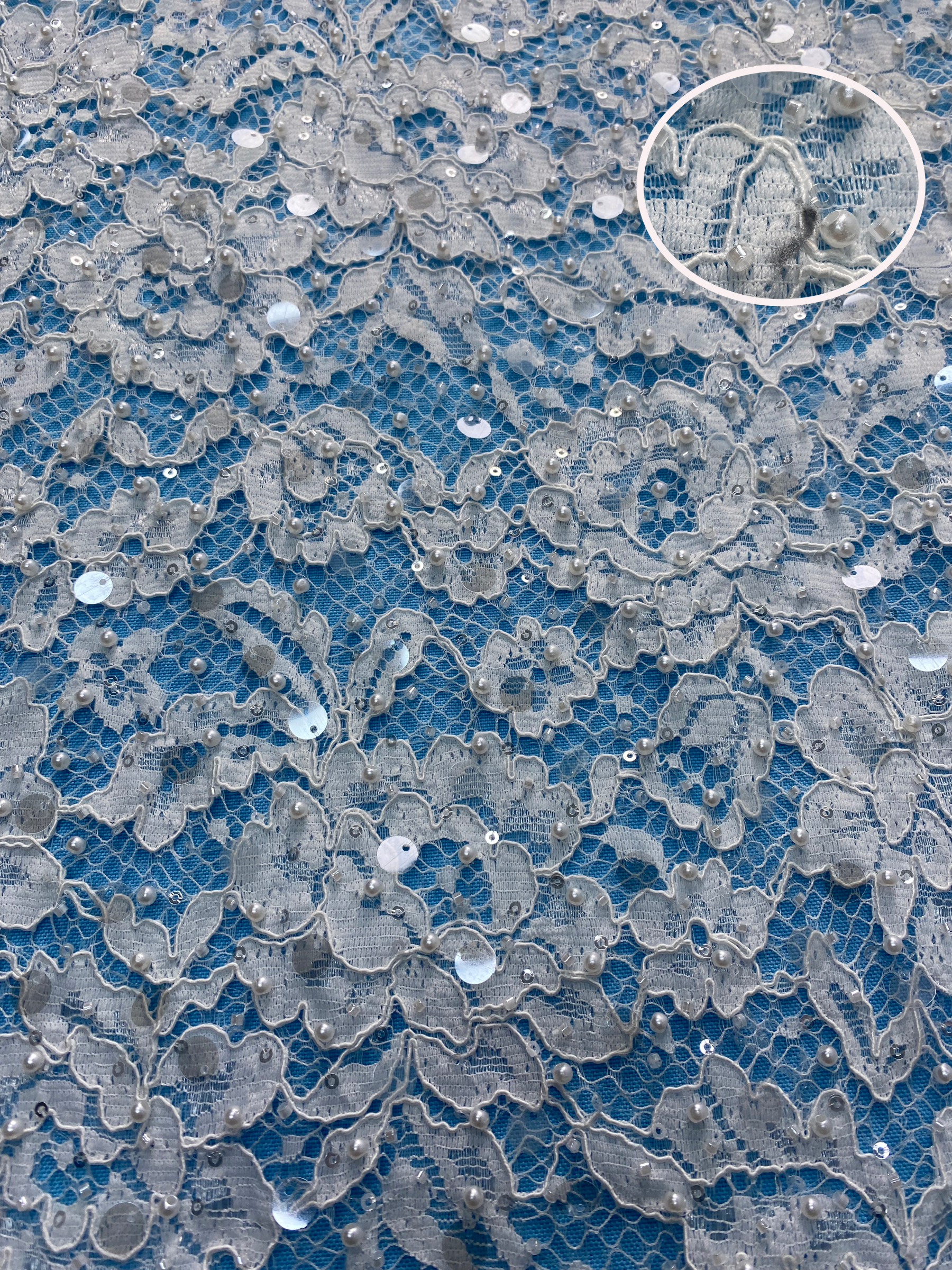 Ivory Lace Fabric Embellished with Pearls & Sparkling Sequins! Features Intricate Patterns, Ideal for Wedding Dresses/Evening Wear. Premium Quality—Shop Now!