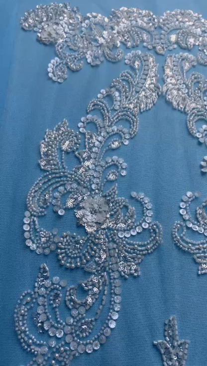 Gorgeous Ivory Fabric! Delicately Embellished with Sparkling Sequins & Pearls. Ideal for Wedding Dresses/Evening Wear. Exquisite Handiwork—Grab This Stunning Material Now!