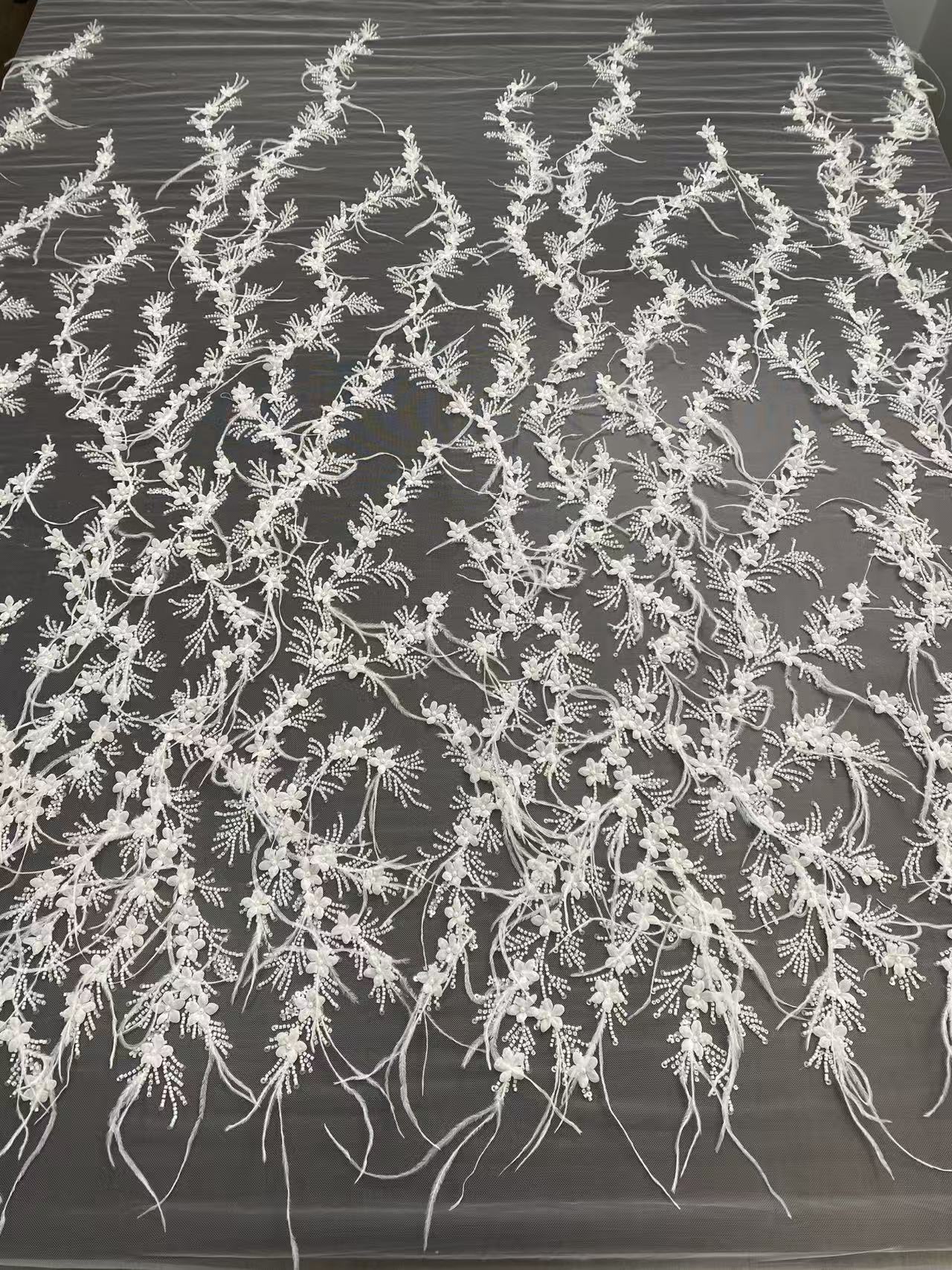 Luxcury Handmade Feather wedding lace fabric, 3D Flower Embroidery Lace with Beaded for DIY Wedding Bridal Full Dncing Dress Costumes