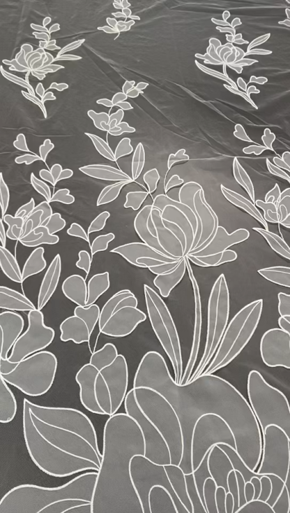 Flower Lace Fabric: Elegant Off-White Tulle Embroidery Bridal Lace, sold by the yard