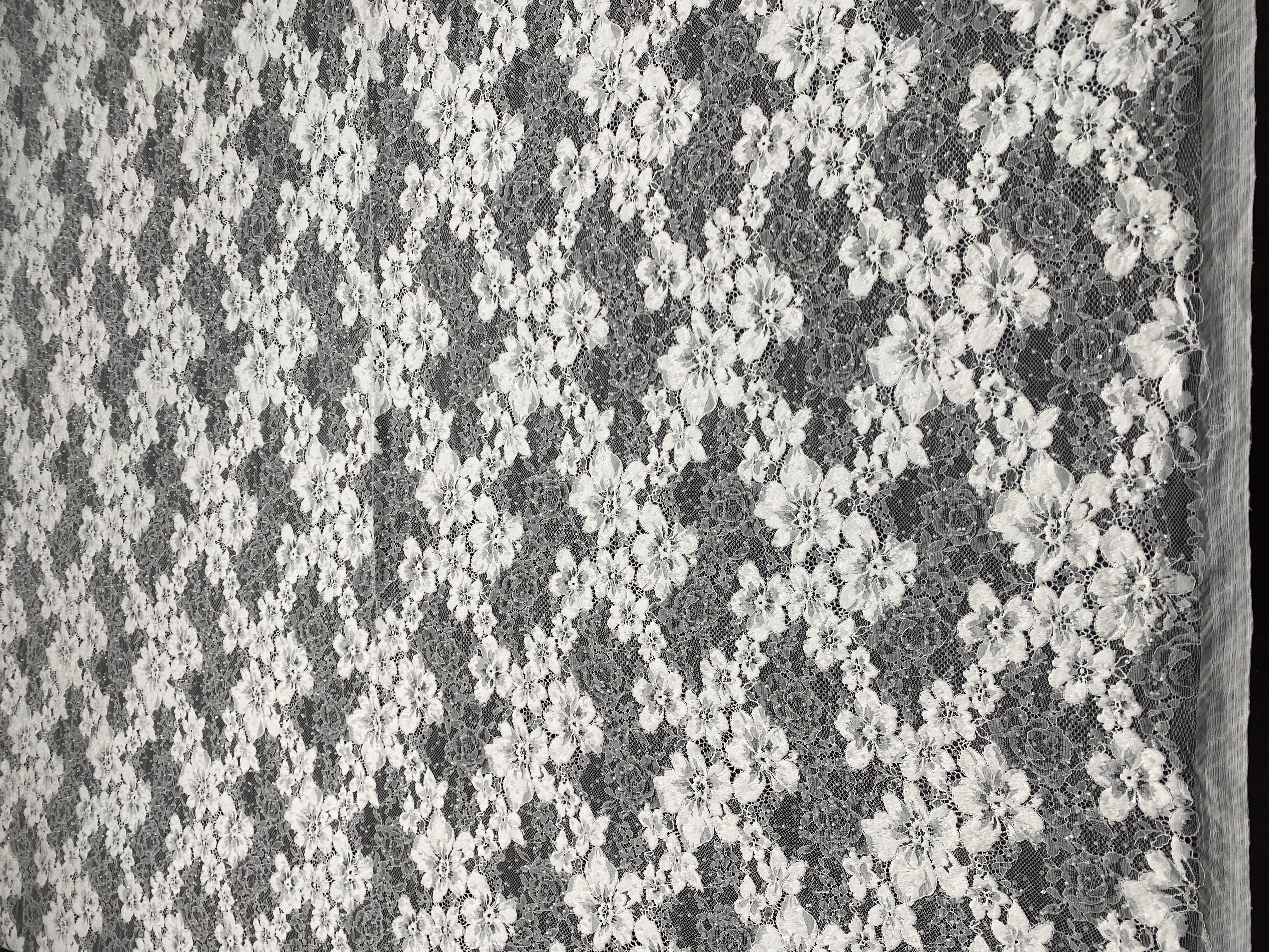 Beaded Flower Lace Fabric in Ivory, Embroidery Floral Tulle Fabric, Mesh Tulle Fabric for Wedding Dress, Bridal Lace Fabric, Sold By the Yard