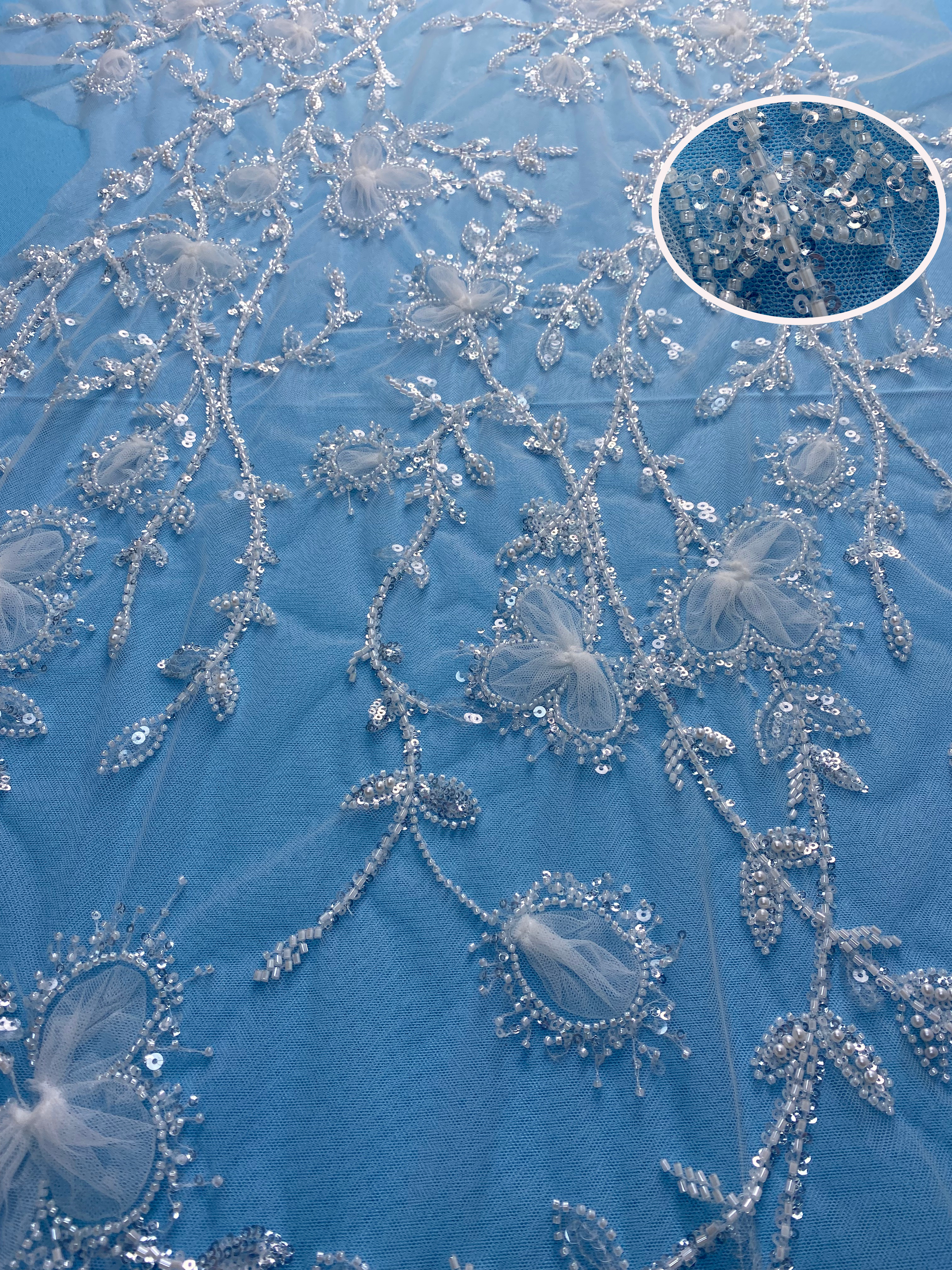 Ivory Fabric! Embellished with Sparkling Sequins, Beads & Delicate Floral Embroidery. Ideal for Wedding Dresses/Chic Evening Wear—Premium Craftsmanship, Shop Now!