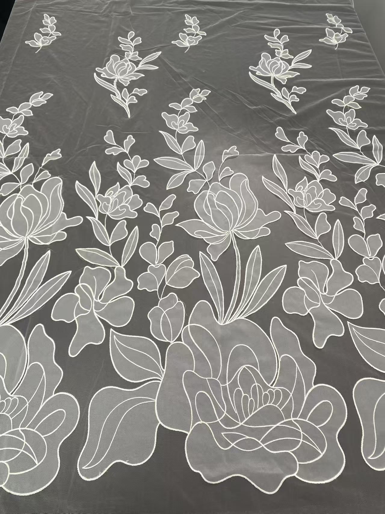 Flower Lace Fabric: Elegant Off-White Tulle Embroidery Bridal Lace, sold by the yard