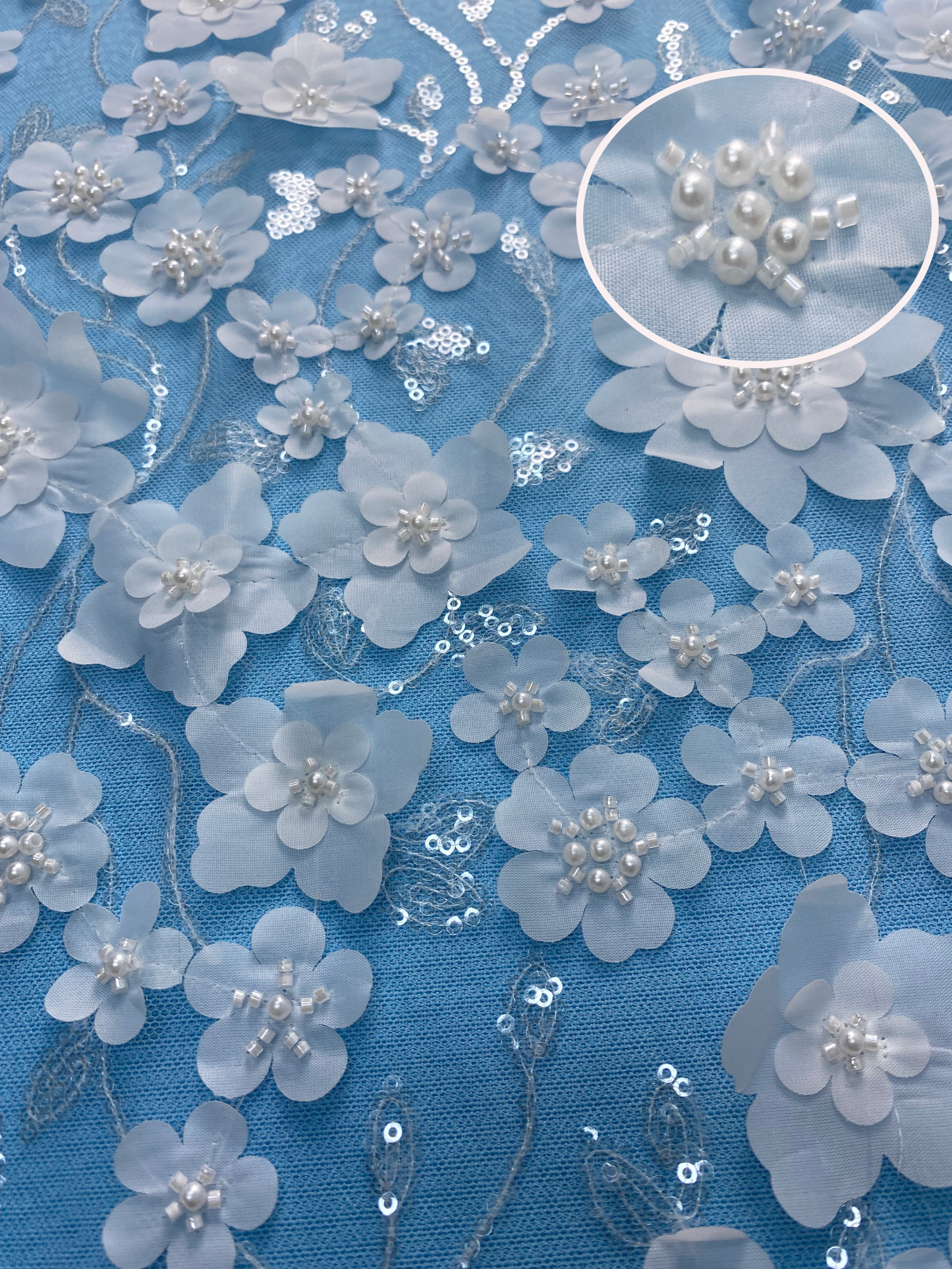 Ivory Fabric with Exquisite Flower Embroidery! Adorned by Pearls & Sparkling Sequins. Ideal for Wedding Dresses/Evening Wear—High-Quality Craft, Shop Now!