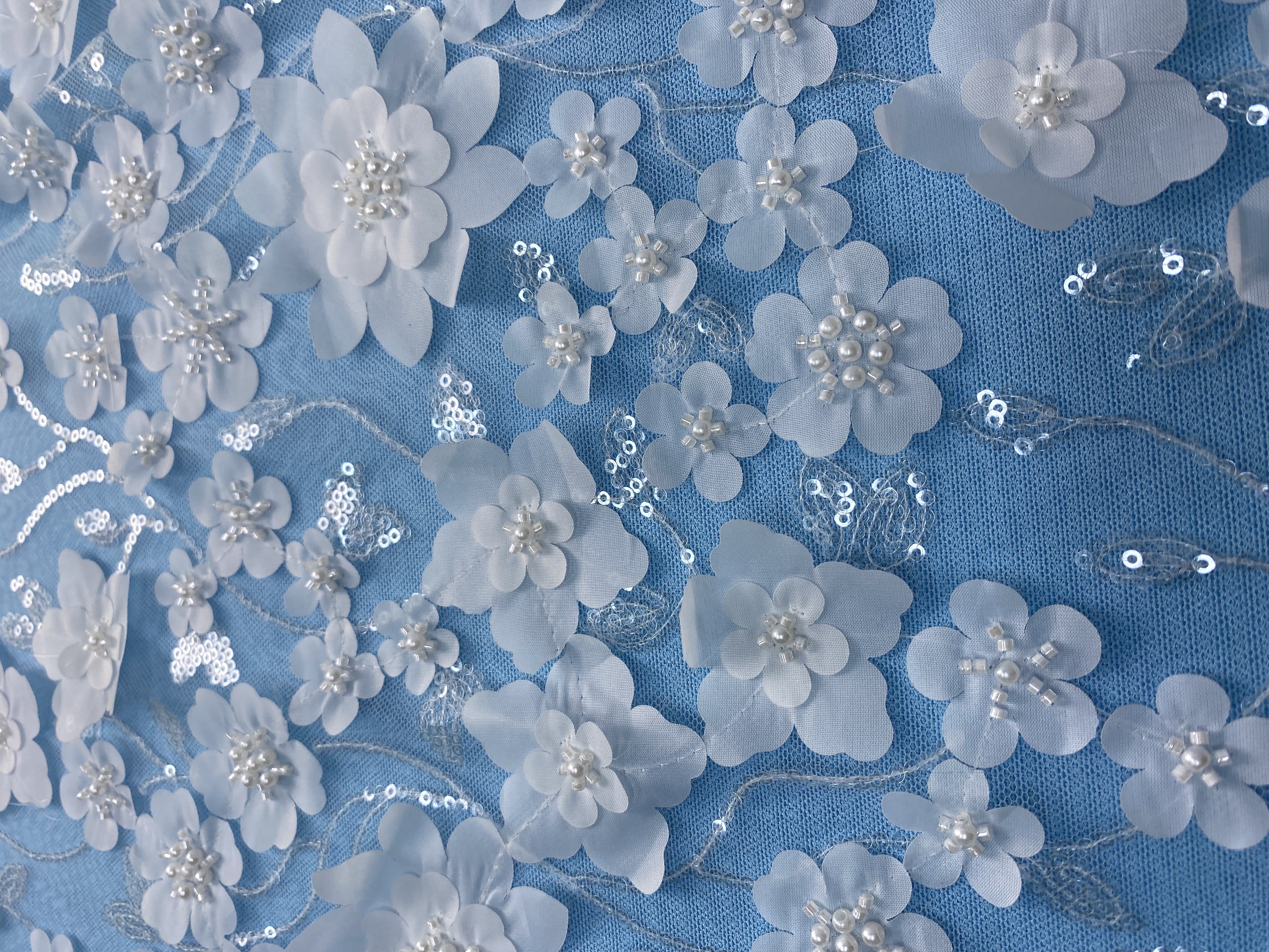 Ivory Fabric with Exquisite Flower Embroidery! Adorned by Pearls & Sparkling Sequins. Ideal for Wedding Dresses/Evening Wear—High-Quality Craft, Shop Now!