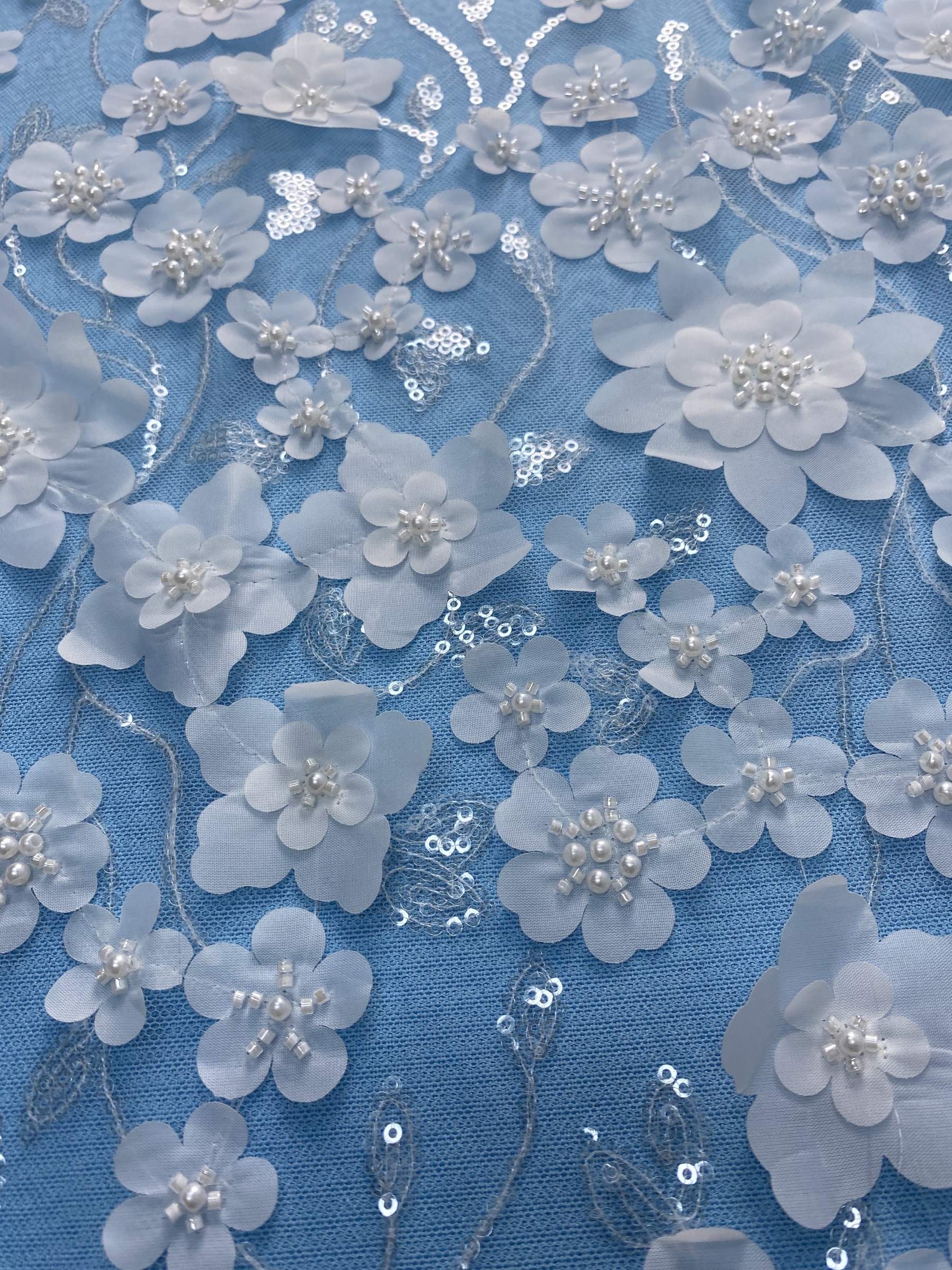 Ivory Fabric with Exquisite Flower Embroidery! Adorned by Pearls & Sparkling Sequins. Ideal for Wedding Dresses/Evening Wear—High-Quality Craft, Shop Now!