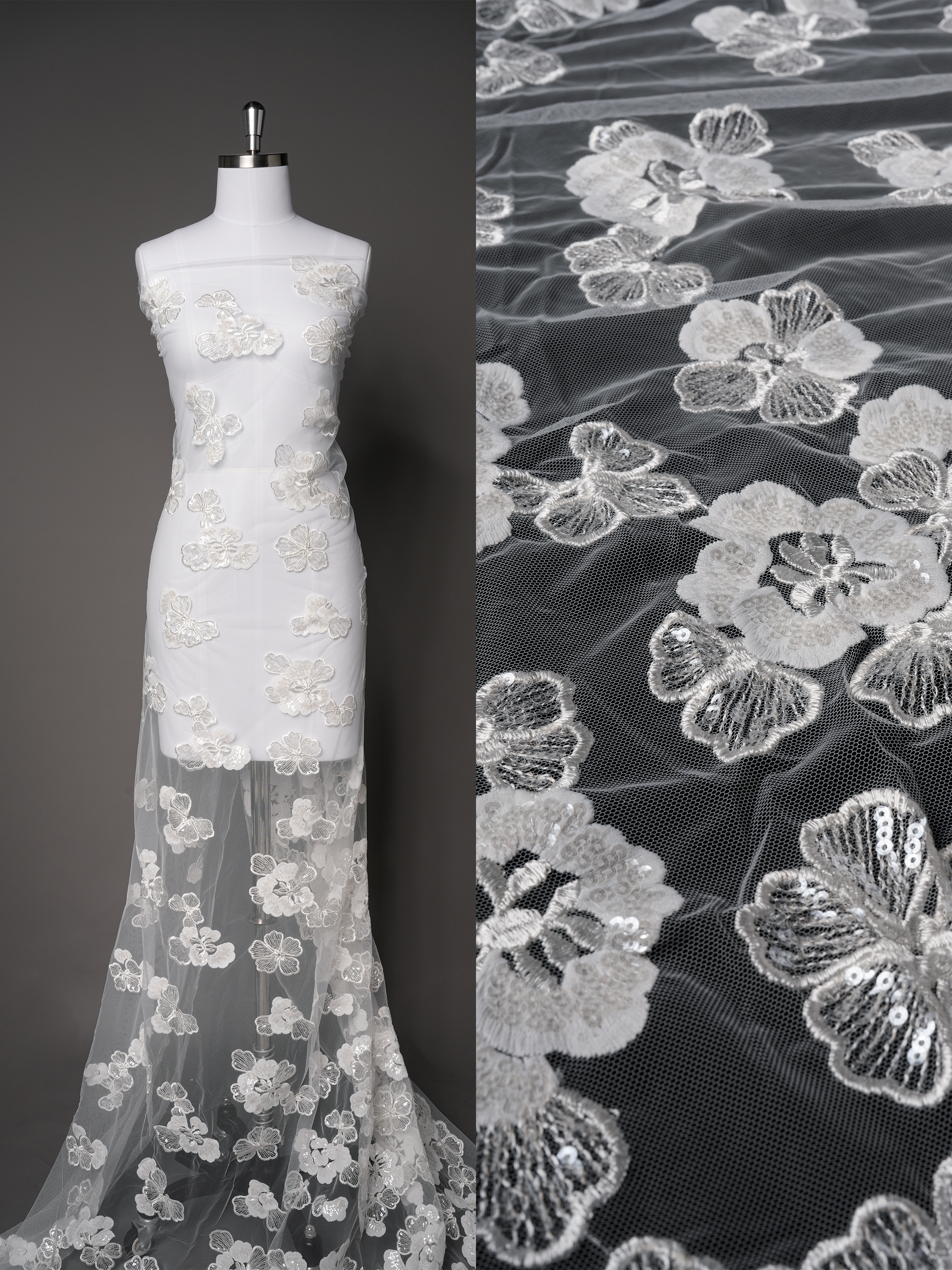 Sita Lace, sitalace, Lace Fabric, Feature Fabric, Tulle Fabric, Beaded Fabric, Sequined Fabric, Embroidery Fabric, Wedding Dress, Bridal Gown, Bridal Veil, Beads, Sequins, Feather Fabrics, Feather, 3D Flowers, Floral, Blossom Flowers, Flower Petal,