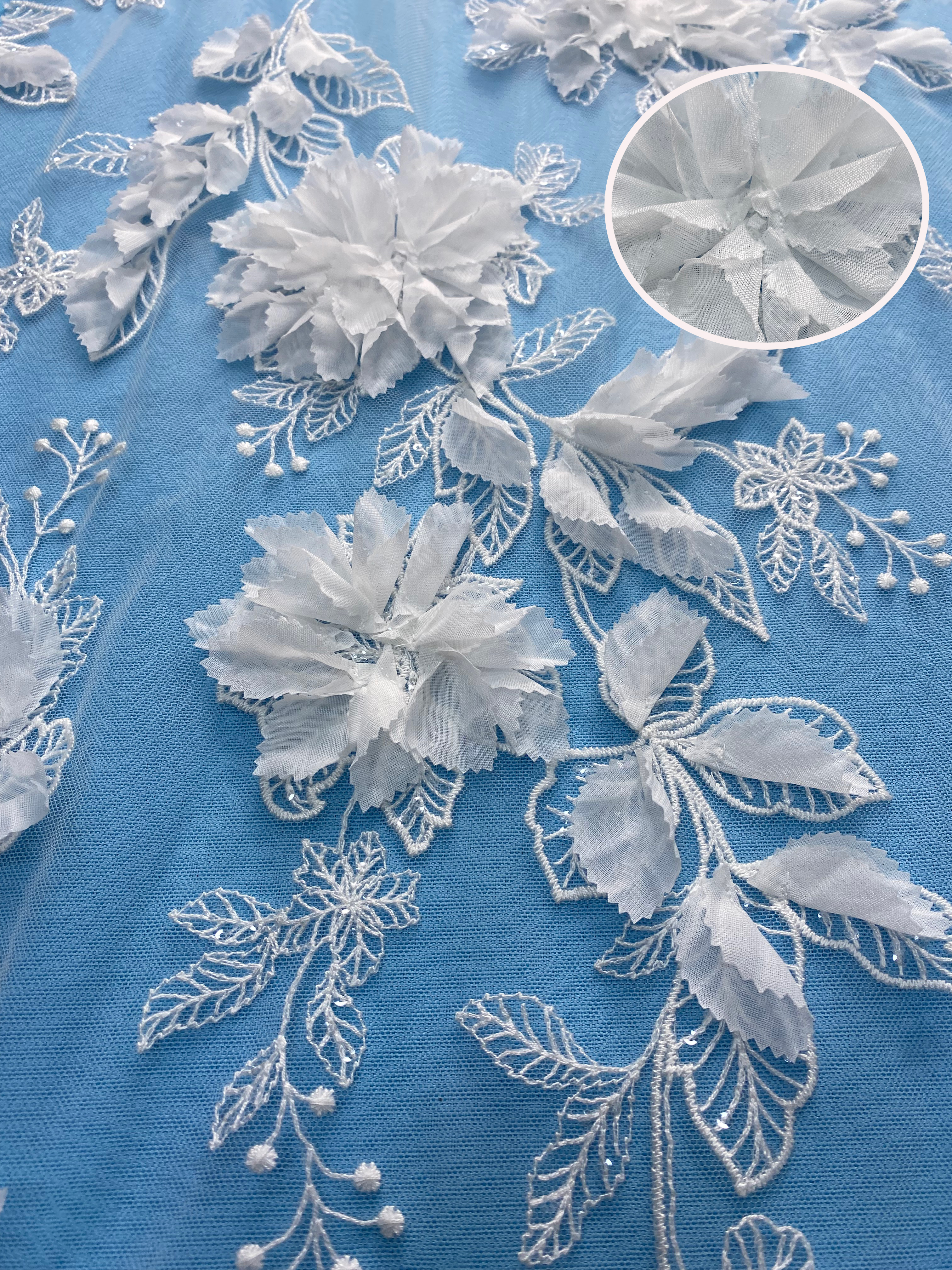 Ivory Fabric with Gorgeous 3D Flower Embroidery! Features Delicate Leaf Detailing, Perfect for Wedding Dresses/Elegant Evening Wear. Premium Craft—Shop Now!