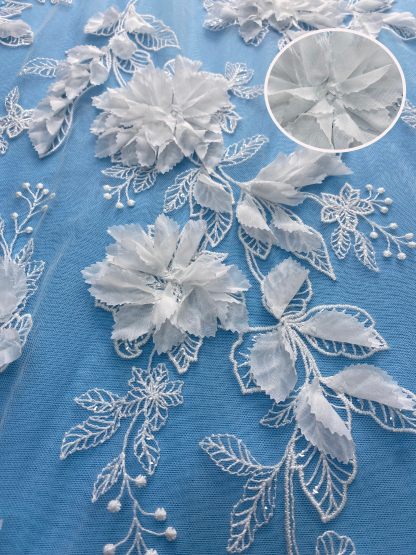 Ivory Fabric with Gorgeous 3D Flower Embroidery! Features Delicate Leaf Detailing, Perfect for Wedding Dresses/Elegant Evening Wear. Premium Craft—Shop Now!
