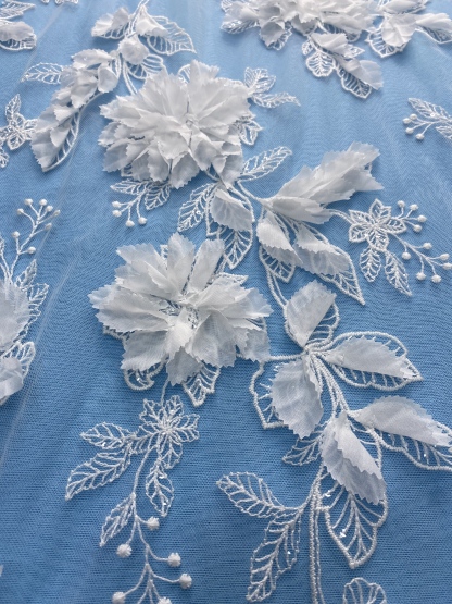Ivory Fabric with Gorgeous 3D Flower Embroidery! Features Delicate Leaf Detailing, Perfect for Wedding Dresses/Elegant Evening Wear. Premium Craft—Shop Now!